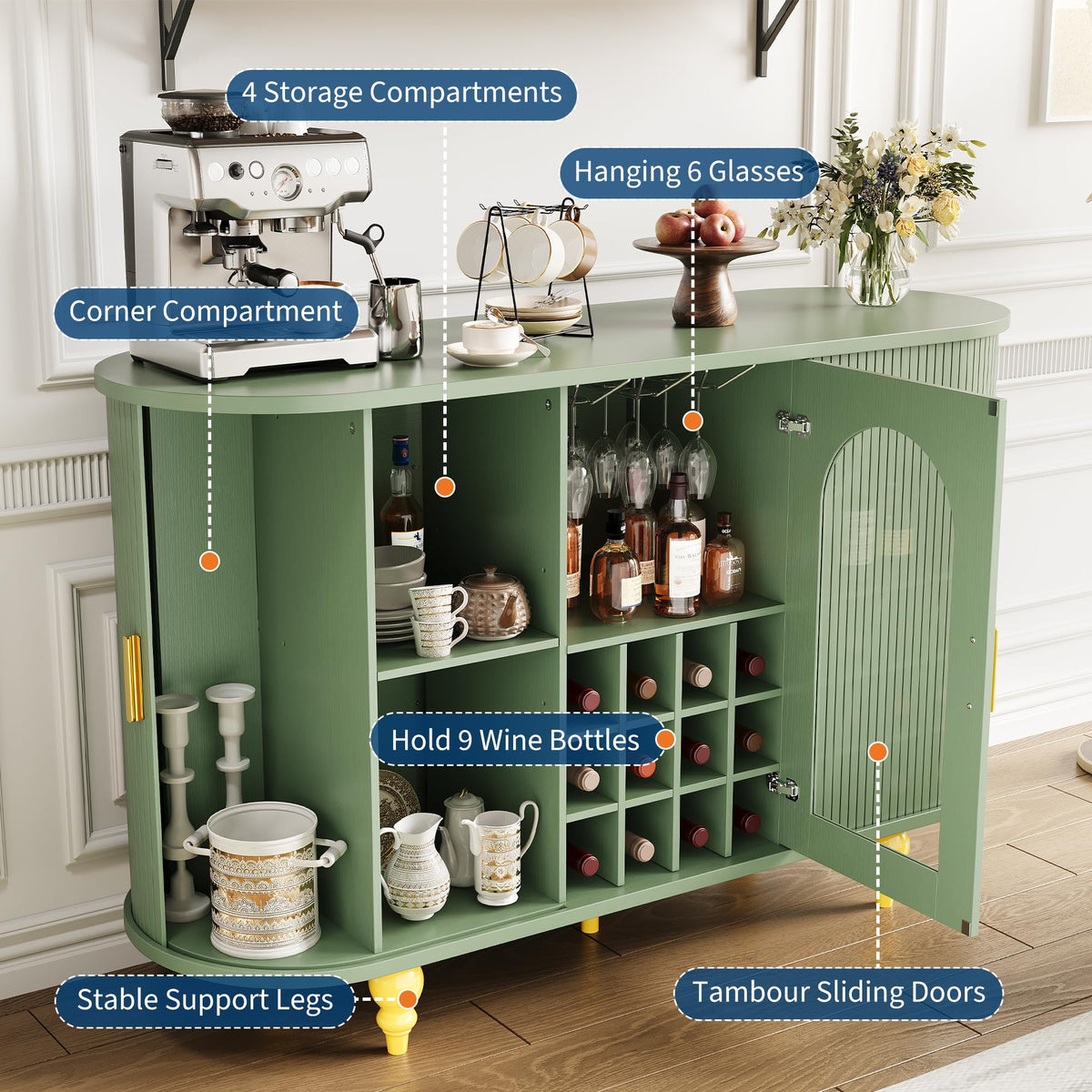 Garvee Modern Coffee Bar Cabinet with Wine Glass Rack,Green
