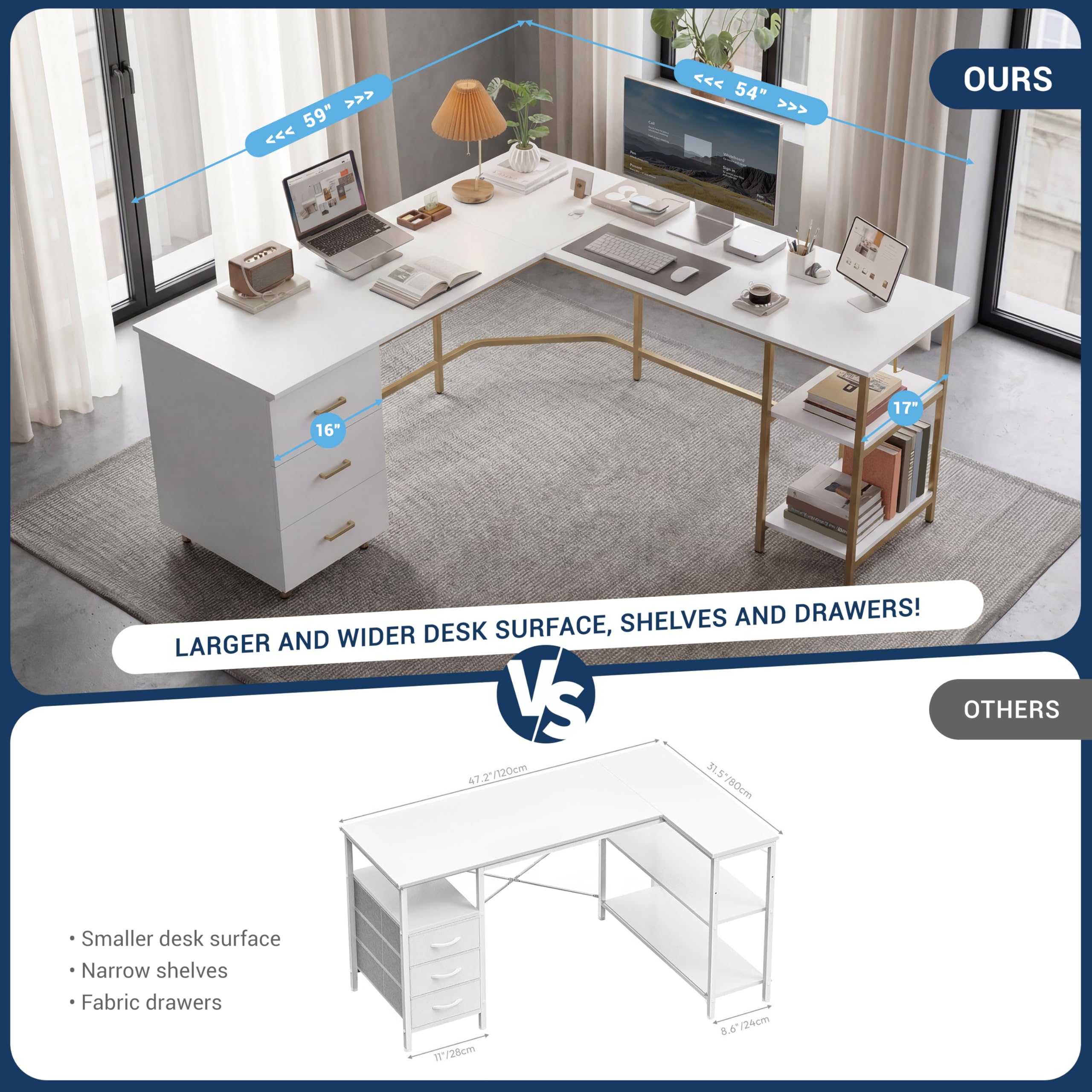 L-Shaped Computer Desk with Drawers & Storage Shelves