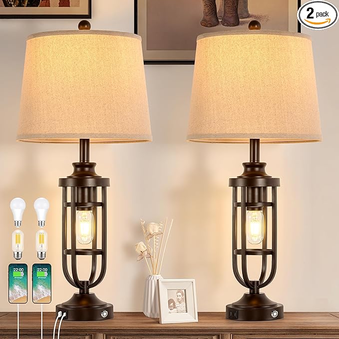 Farmhouse Table Lamps Set of 2 with USB Ports, 28" Bedside Lamps with Bulbs