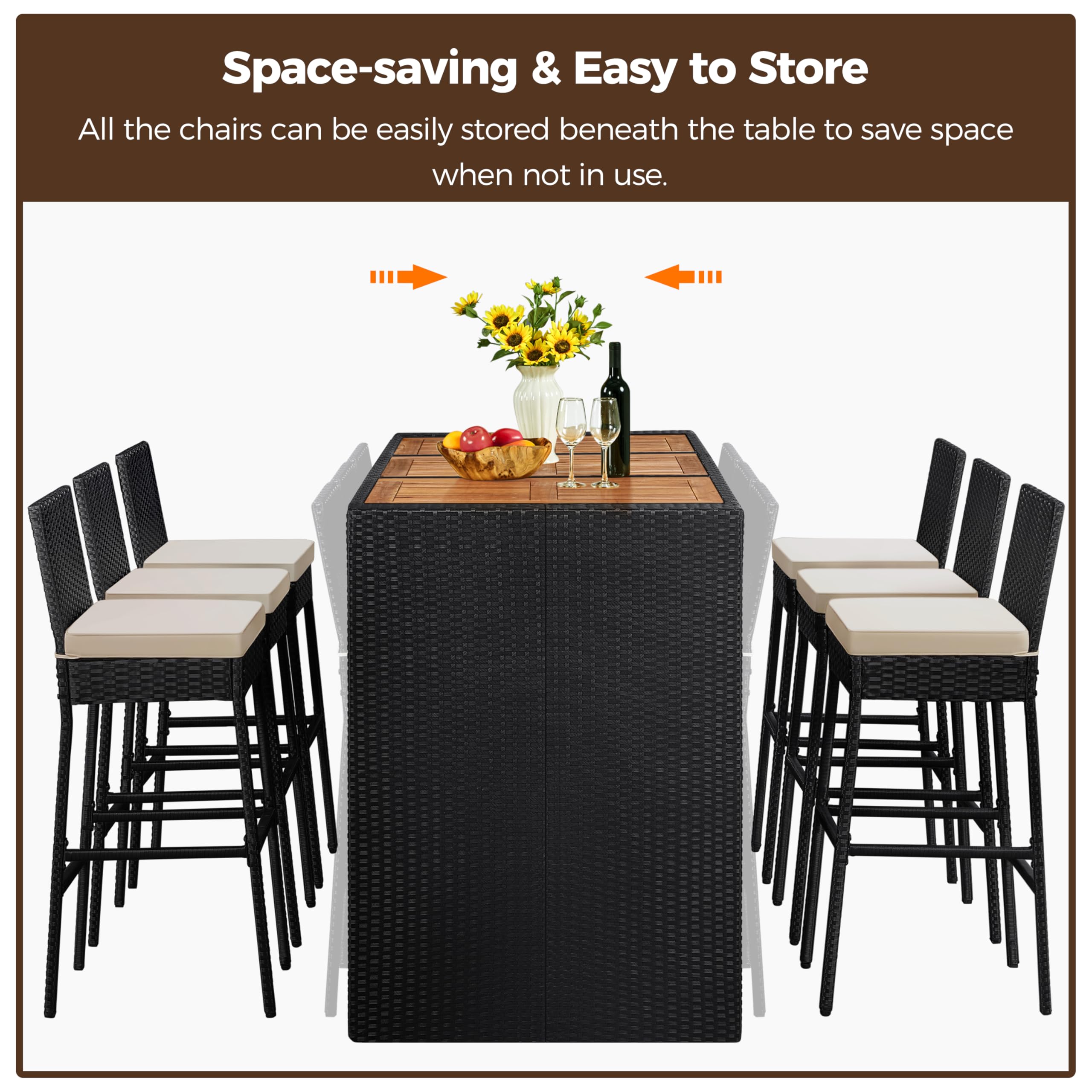 Yaheetech 7 Piece Patio Dining Set Outdoor Acacia Wood Bar Table and Chairs with Removable Cushions, Wicker Furniture Set for Deck, Backyard, Garden, Black/Beige