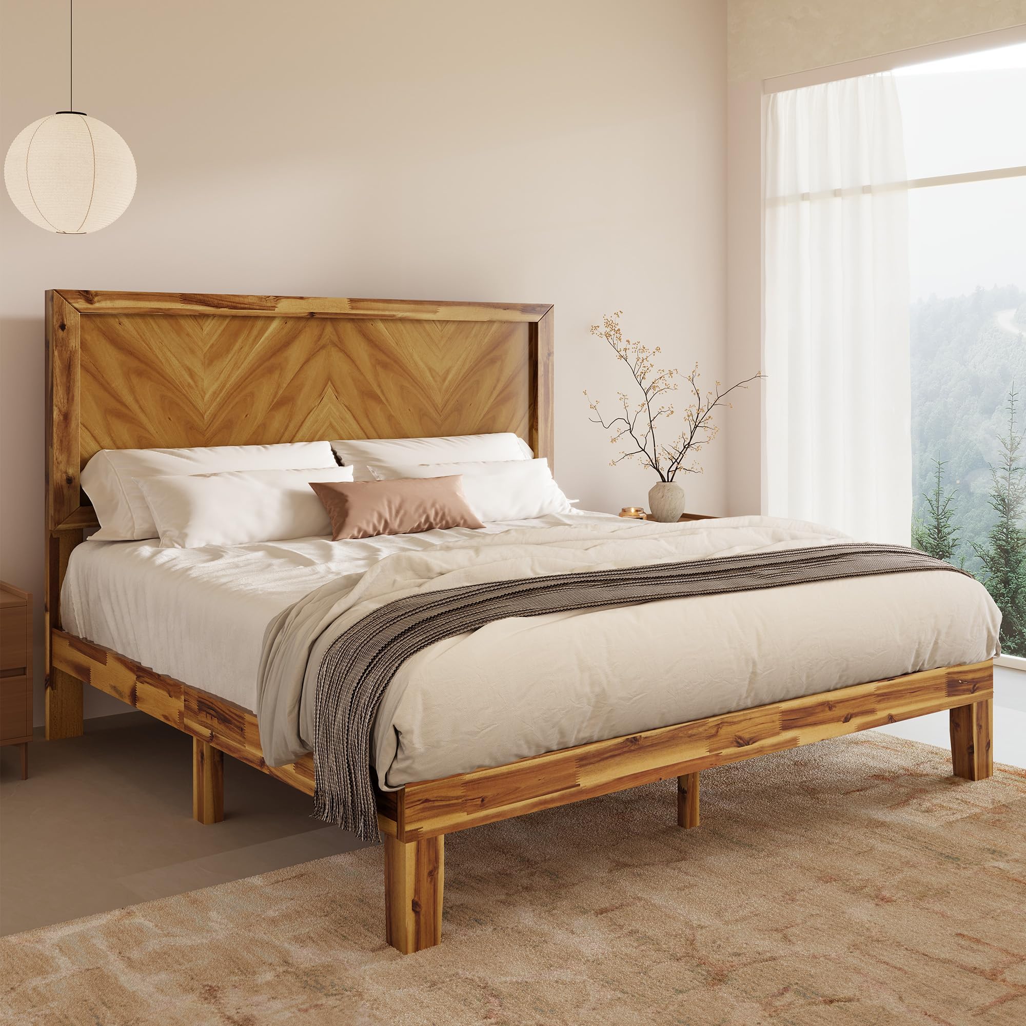 Jocisland Mid-Century Solid Wood Full Size Bed Frame with Heart-Shaped Headboard, Modern Wooden Platform Bed with Slat Support, Acacia Wood, Noise-Free, No Box Spring Needed, Easy Assembly, Brown