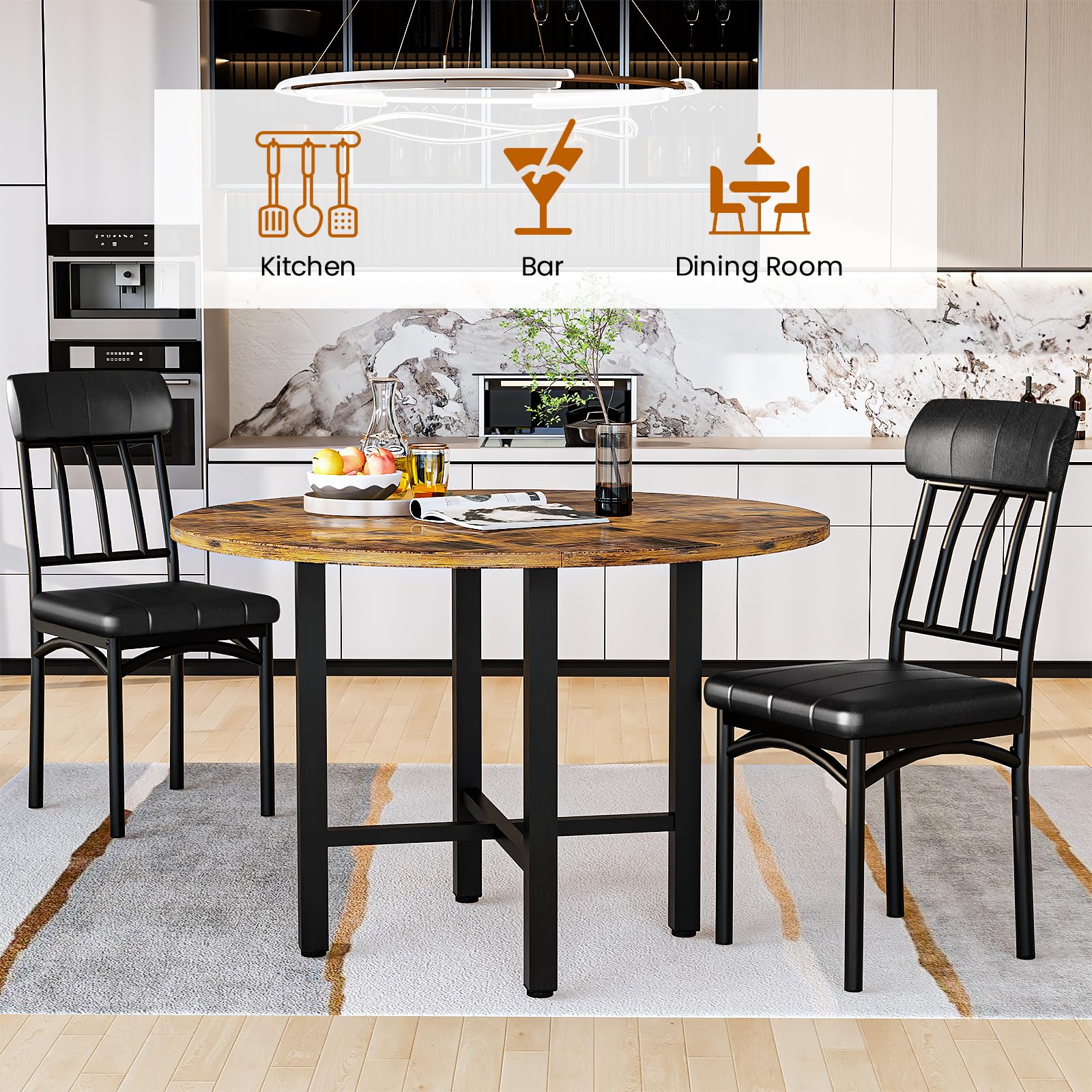Round Dining Table Set for 4 with Faux Leather Chairs