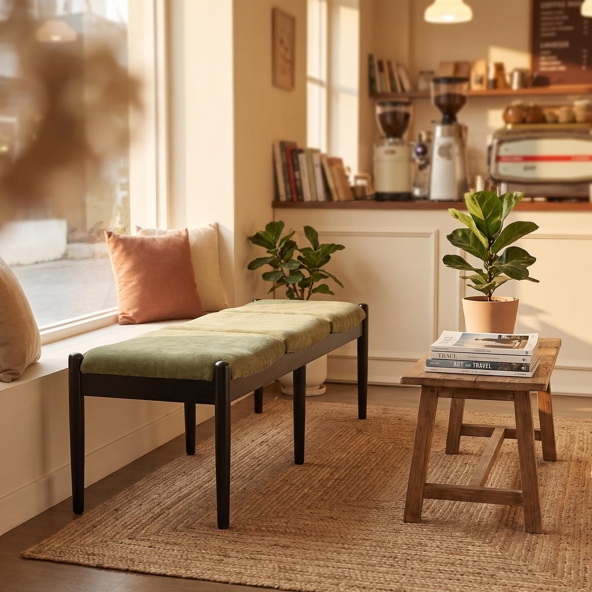 Green Chenille Upholstered Bench