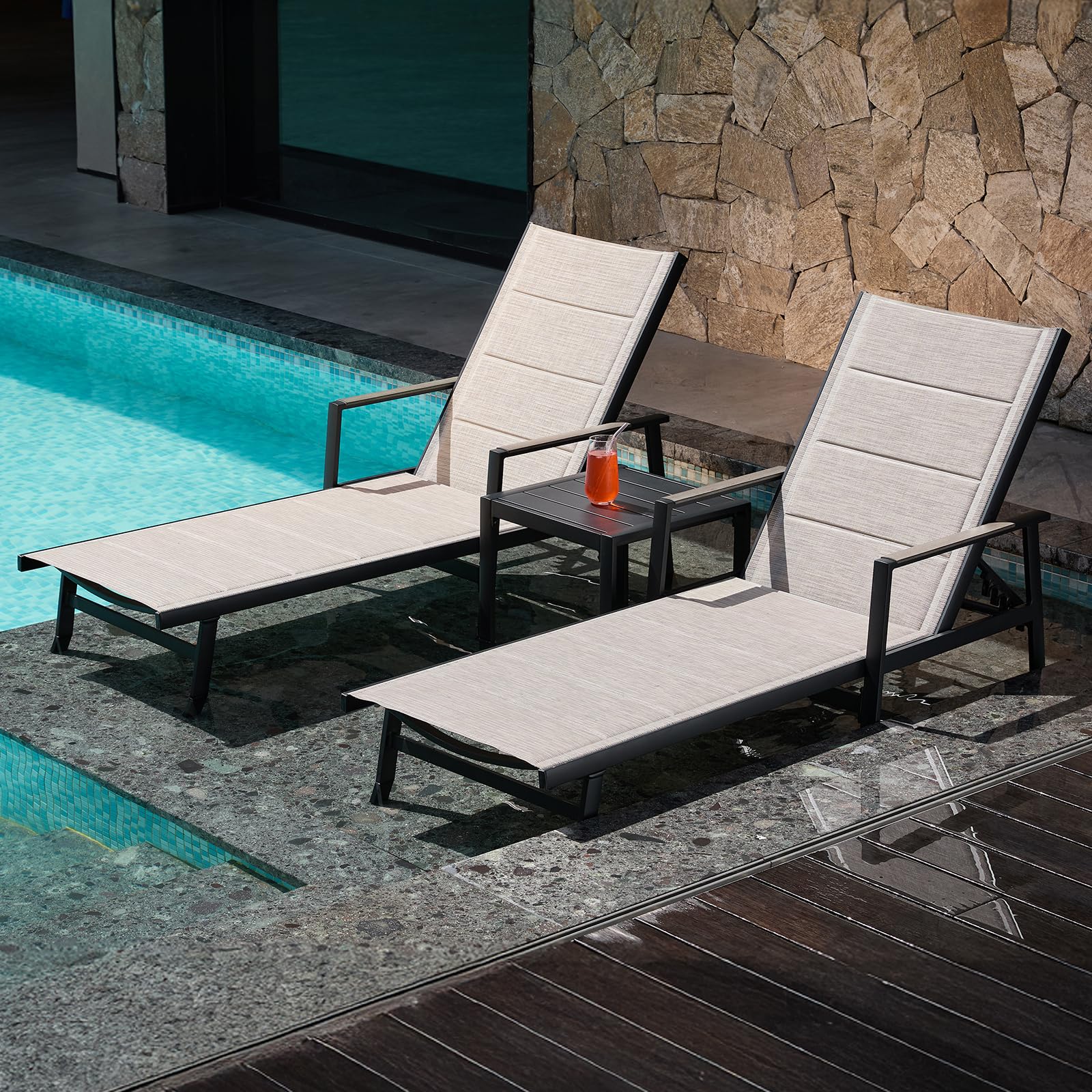 3-Piece Outdoor Chaise Lounge Set with Side Table