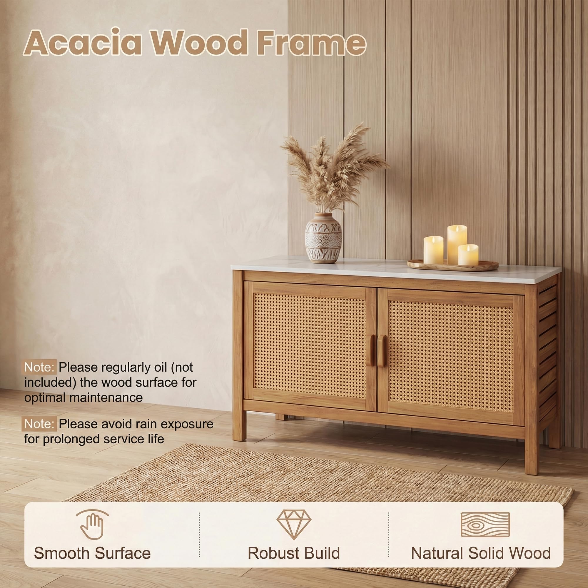 Giantex Acacia Wood Outdoor Cabinet, Storage Cabinet w/Faux Marble Top, Rattan Doors, Interior Shelves & Compartment, Buffet Cabinet, Functional Potting Table for Garden, Patio, Backyard