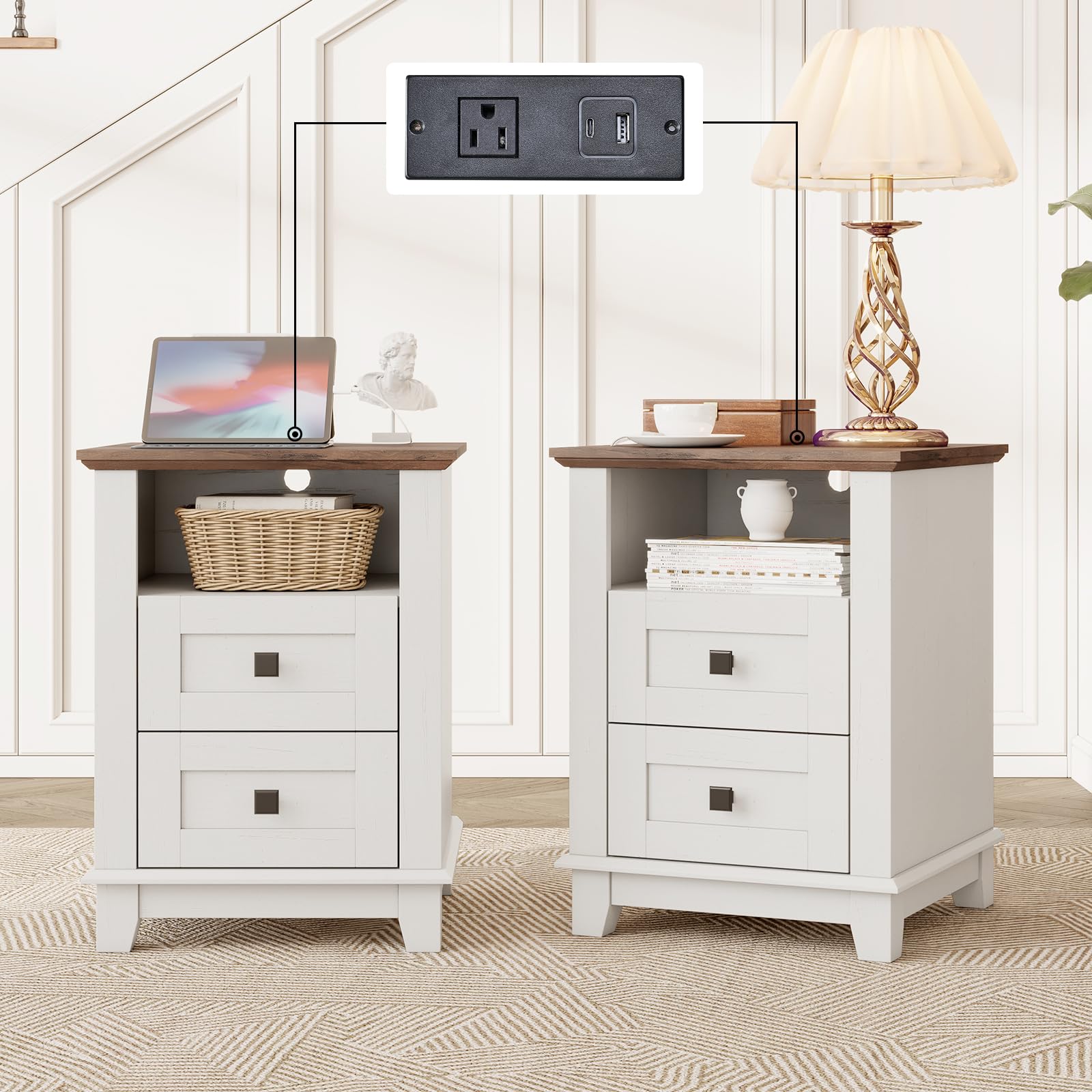 LUXOAK Farmhouse Nightstand Set of 2 with Charging Station, End Tables with 2 Storage Drawers & Open Shelf, Rustic Wood Bedside Tables for Bedroom, Living Room & Office, White/Barnwood
