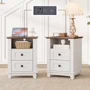 LUXOAK Farmhouse Nightstand Set of 2 with Charging Station, End Tables with 2 Storage Drawers & Open Shelf, Rustic Wood Bedside Tables for Bedroom, Living Room & Office, White/Barnwood
