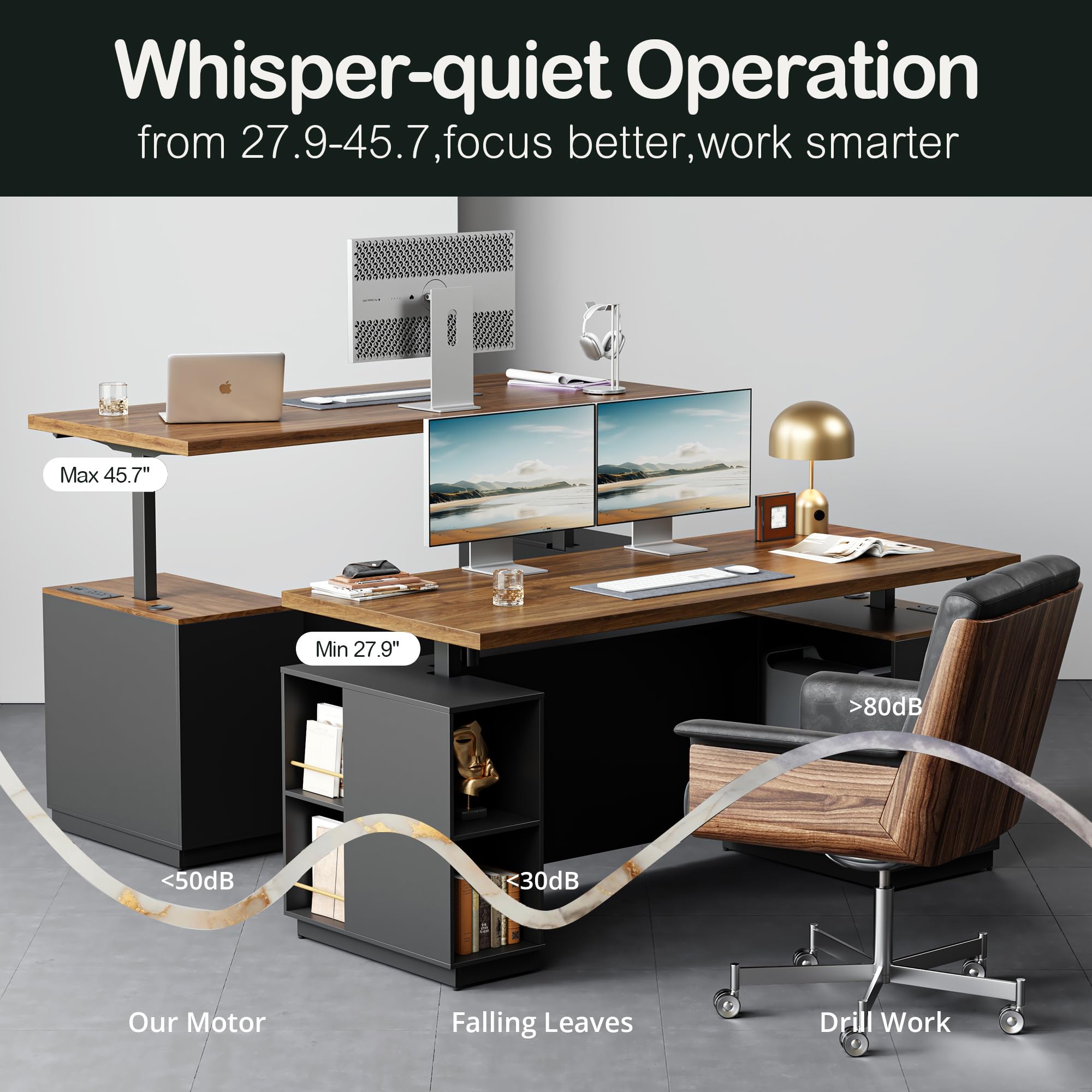 L-Shaped Electric Standing Desk with File Cabinets, 71"