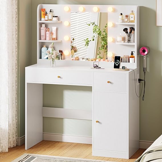 Vanity Desk with LED Mirror, Sliding Mirror & Storage Cabinets