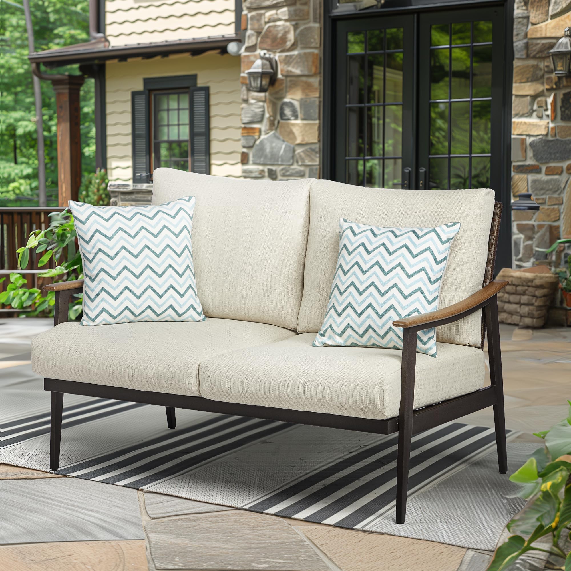 Patio Loveseat Sofa with Wicker Backrest & 6" Cushion