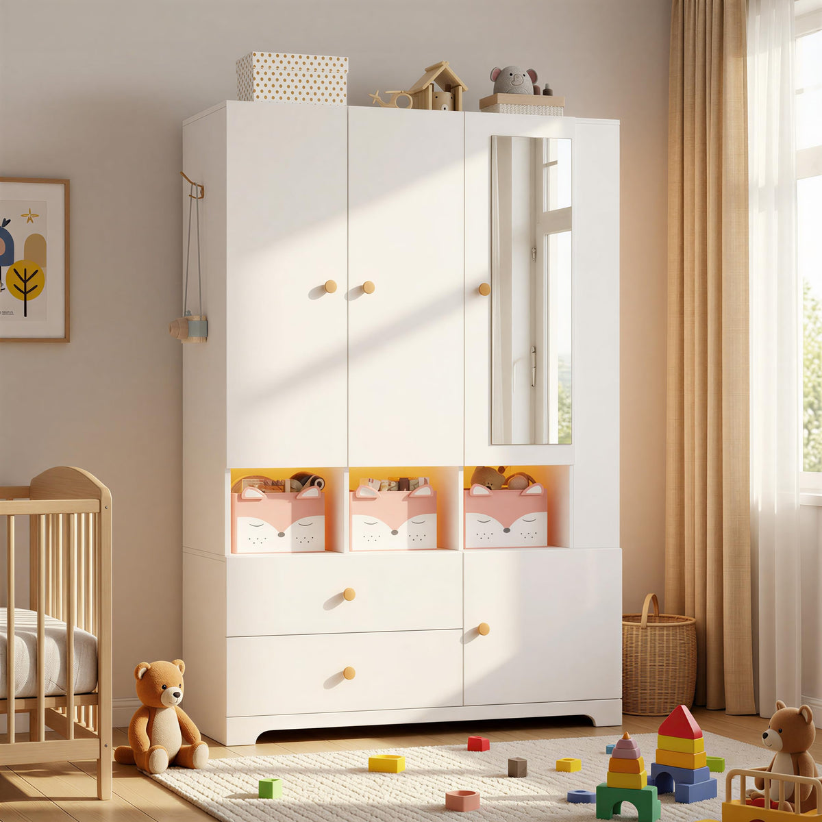 SDMY Armoire Wardrobe Closet with Mirror and LED Lights,71" Freestanding Armoire with 3 Doors,2 Drawers, Hanging Rod, Adjustable Shelves, Large Wooden Clothes Storage Cabinet for Bedroom, White