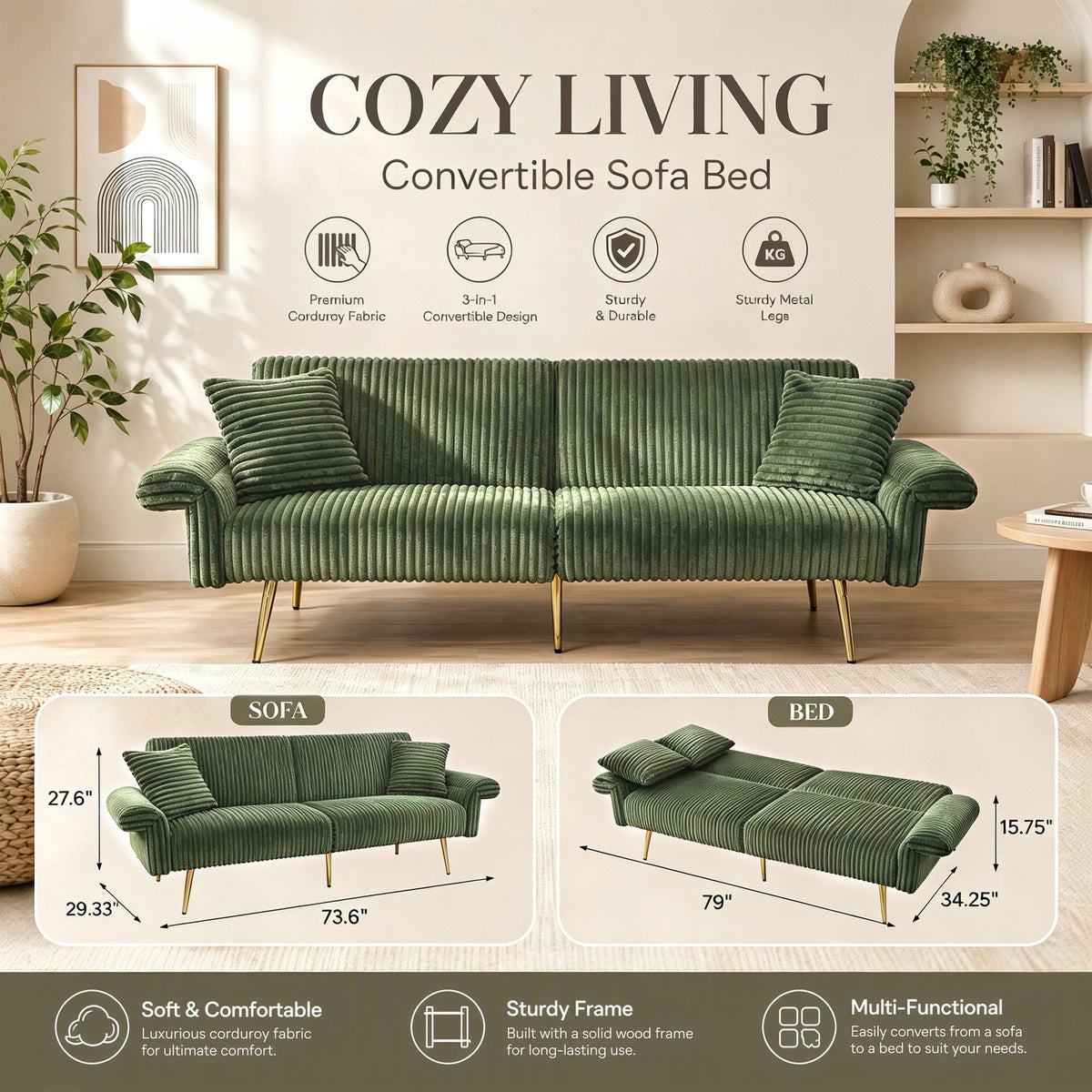 ODOLAR 79" Convertible Sleeper Sofa Bed, 2-Seat Futon Couch with 2 Pillows