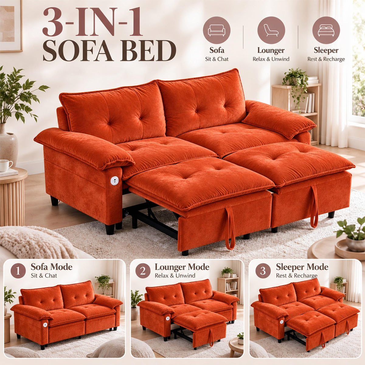 73 Inch Queen Sleeper Sofa Bed, 3 in 1 Convertible Pull Out Loveseat, Chenille Upholstered Sofa with USB Charging Ports & Side Storage Pockets, Modern Small Couch for Apartment, Living Room (Orange)