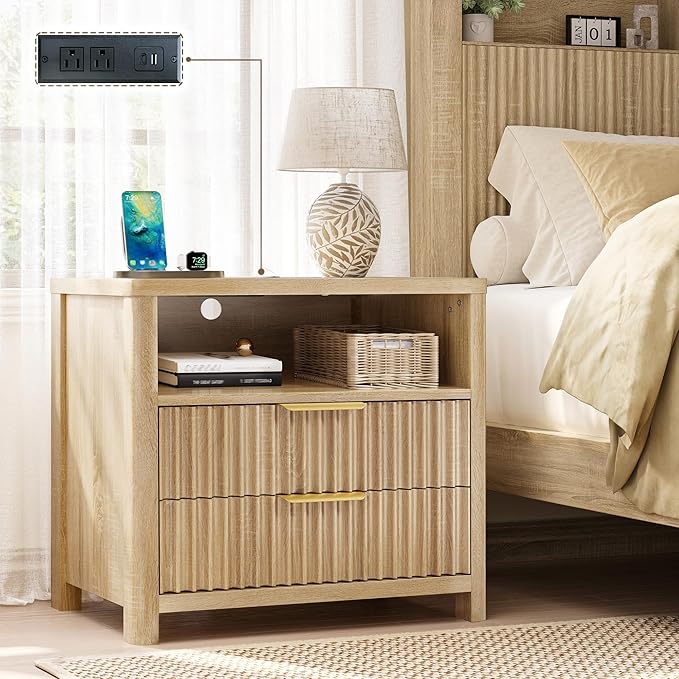 Fluted Nightstand with Charging Station & 2 Drawers