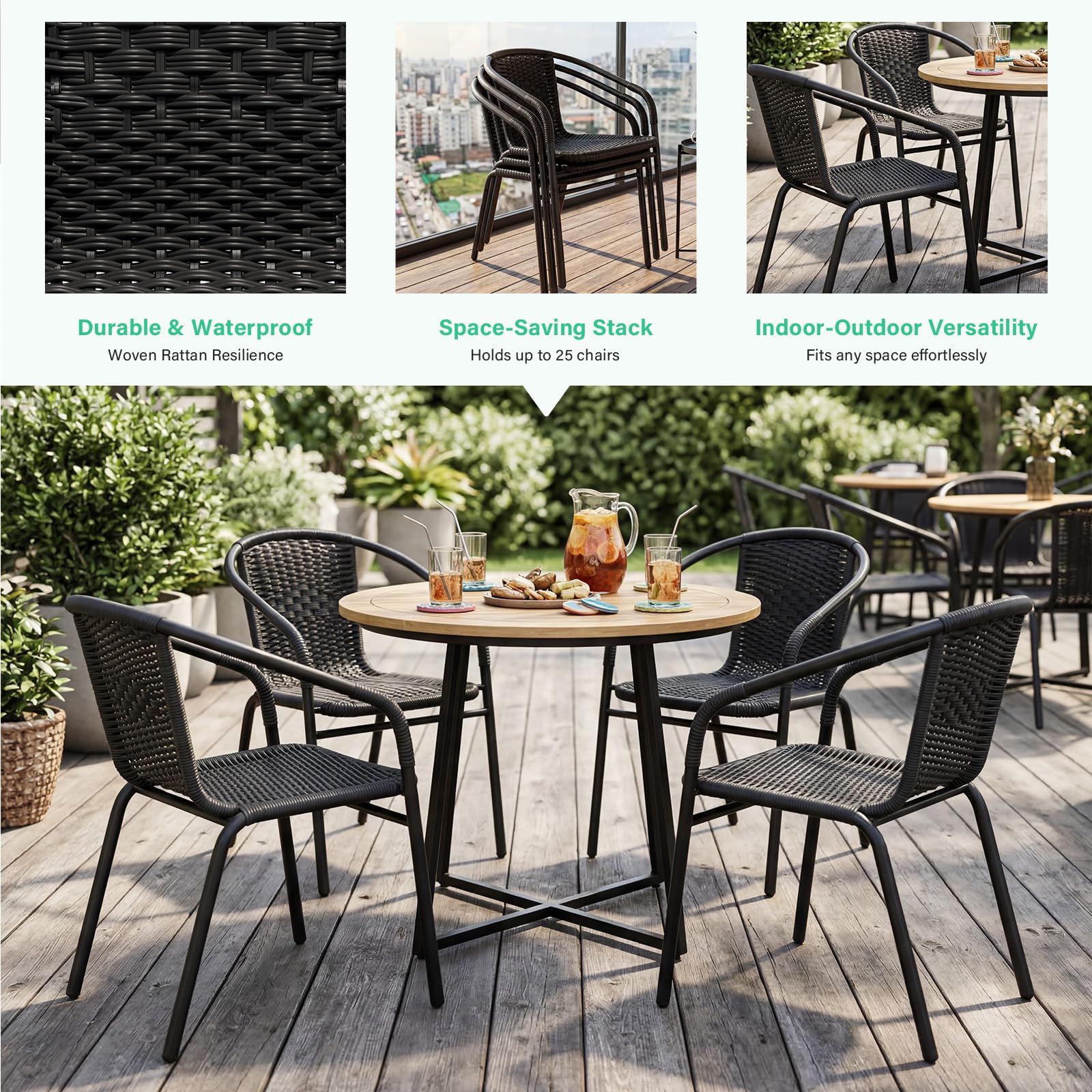 JEAREY Outdoor Patio Rattan Dining Chairs Set of 4, All Weather Stackable Dining Chairs for Garden, Lawn, Restaurant, Black