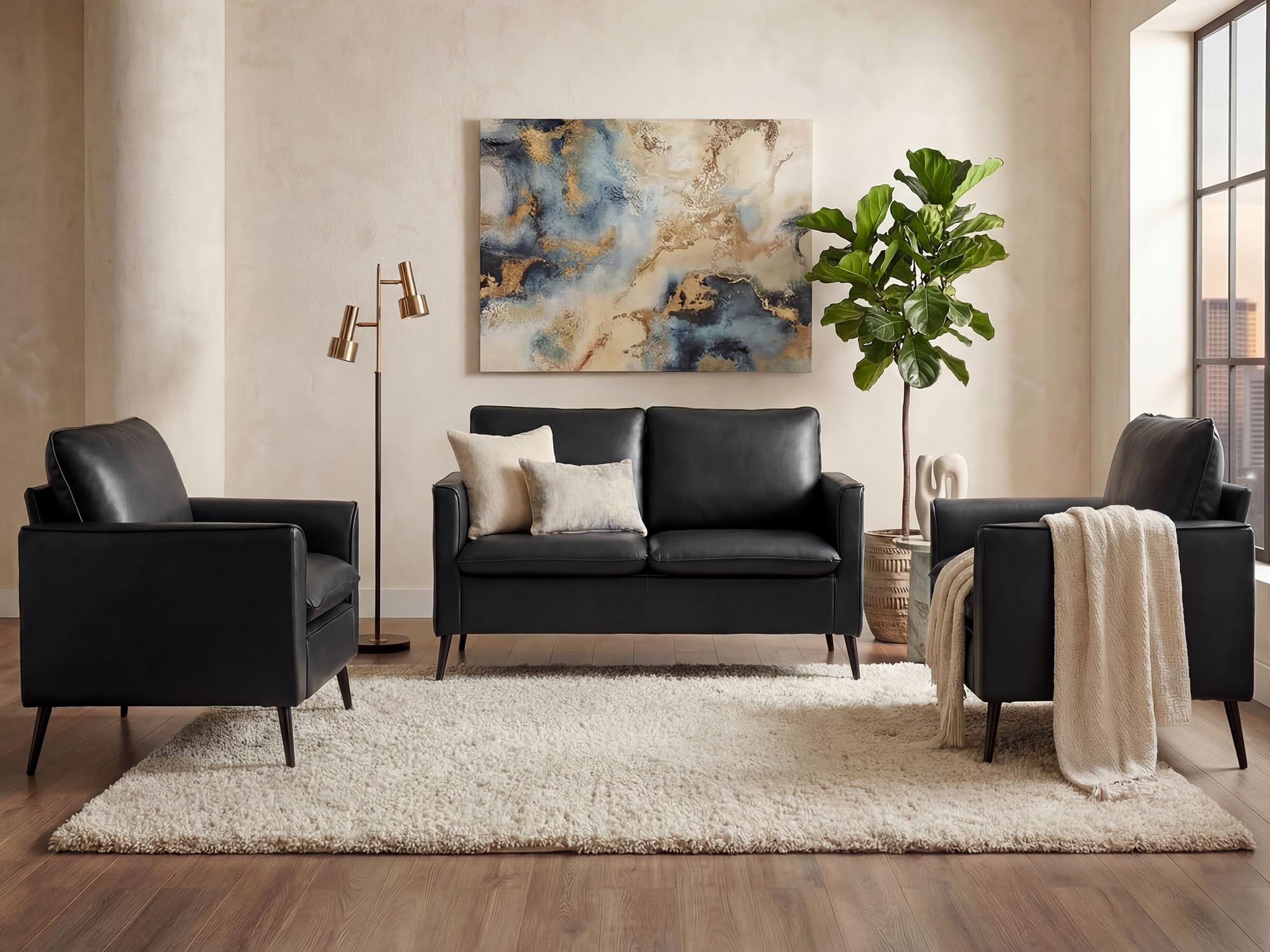 TYBOATLE Faux Leather Loveseat and Accent Chair, Comfy Love Seat Sofa and Chair Set with 2 Pillows, Mid-Century Modern 2 Seat Couches for Small Spaces, 2 Pieces Living Room Furniture Sets (3, Black)