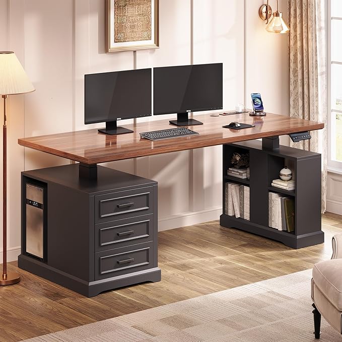 63" Electric Height-Adjustable Standing Desk with Drawers & Power Outlets