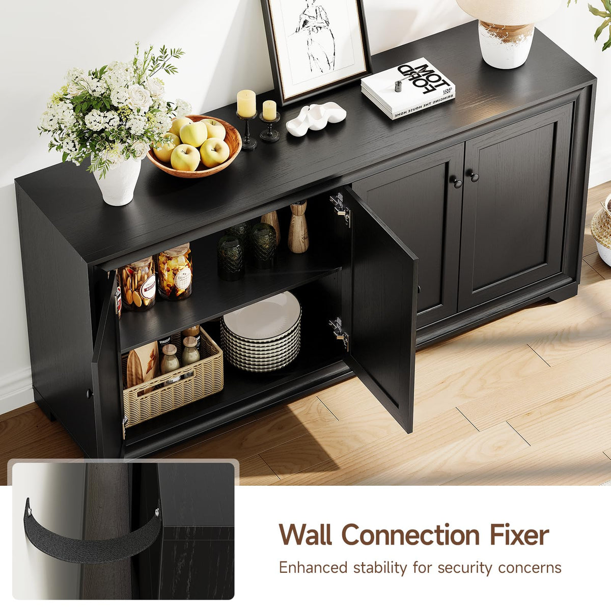 ONBRILL 60" Buffet Cabinet with Storage, 4 Doors & Adjustable Shelves Black