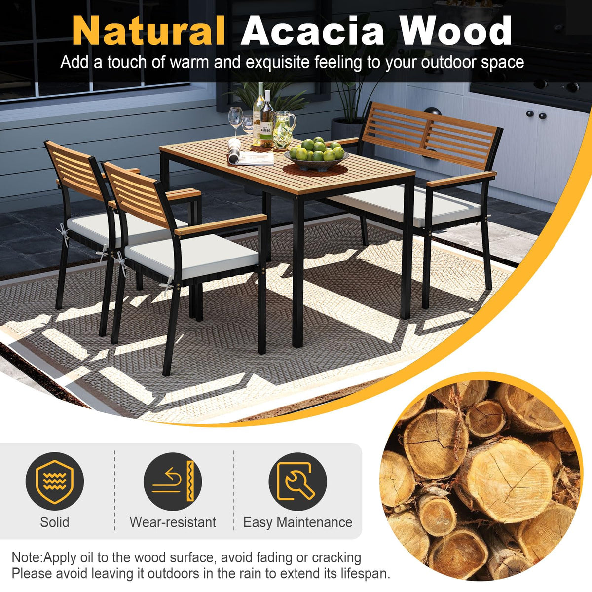 Tangkula 4 Piece Acacia Wood Outdoor Dining Set with 2 Stackable Armchairs