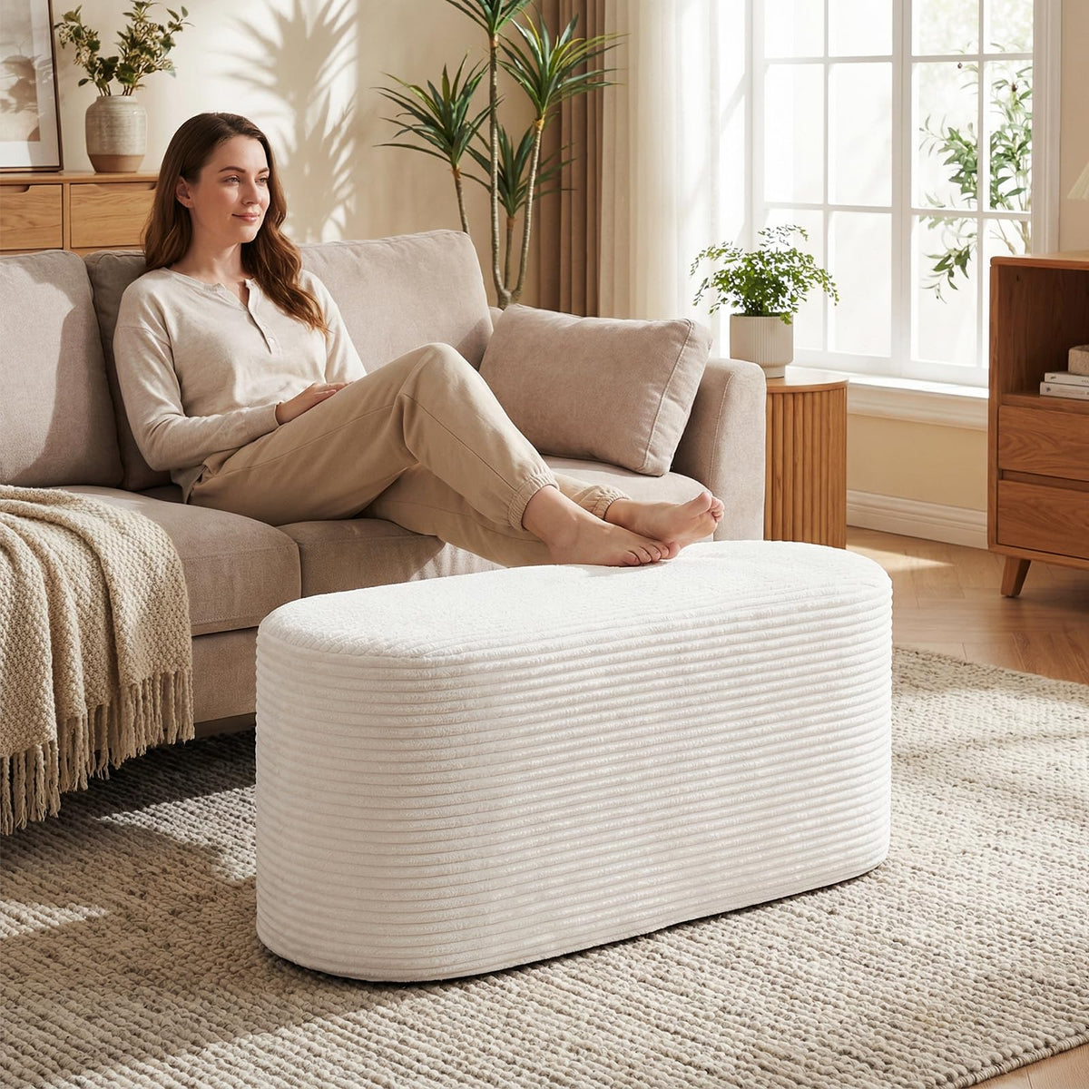GIANTEX Stuffed Pouf Ottoman Bench, 47" Plush Corduroy End of Bed Bench with High-Density Sponge, Oval Ottoman Foot Rest for Living Room, Entryway, Hallway, Beige
