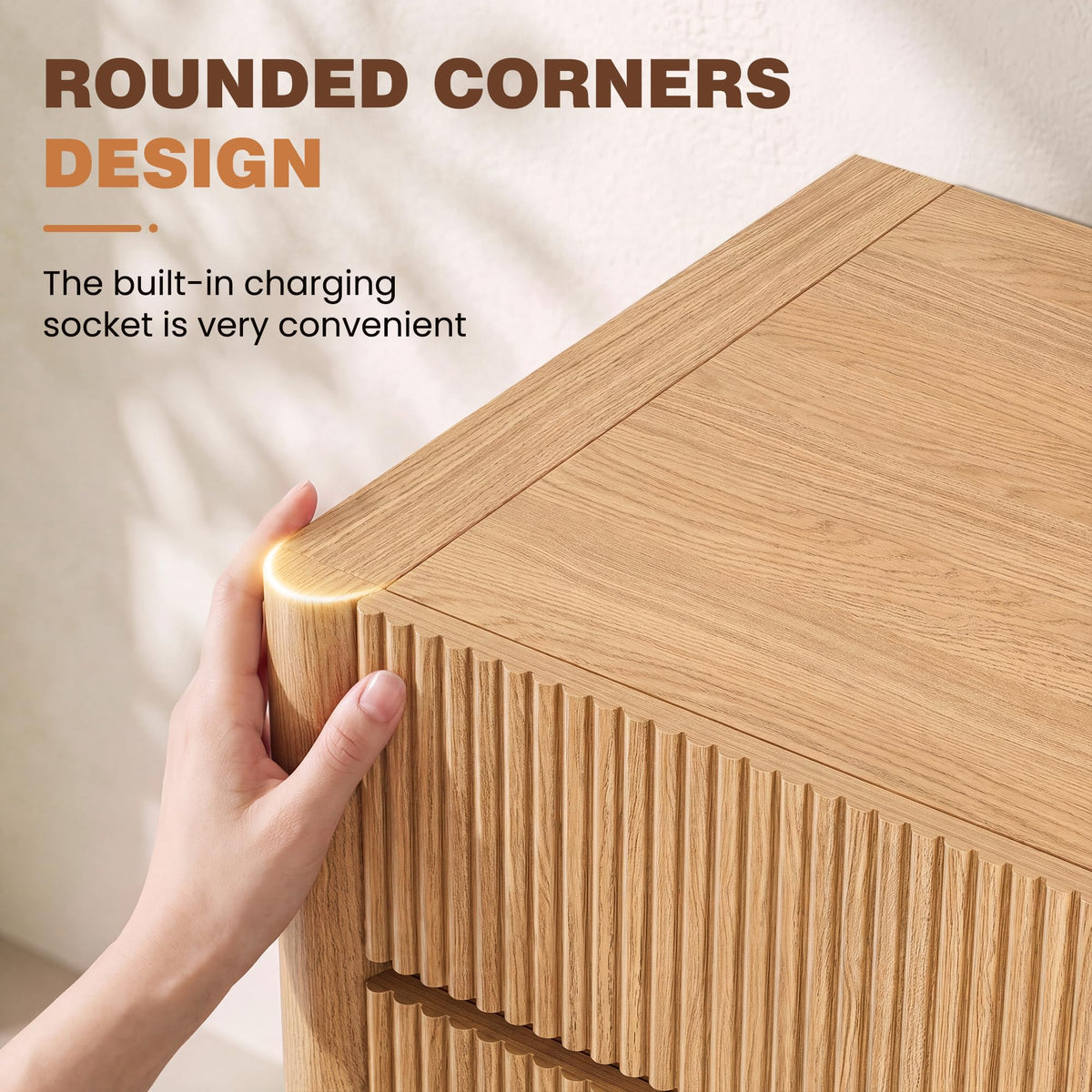 Apicizon 23.6'' Wide Fluted Nightstand with Charging Station, Natural