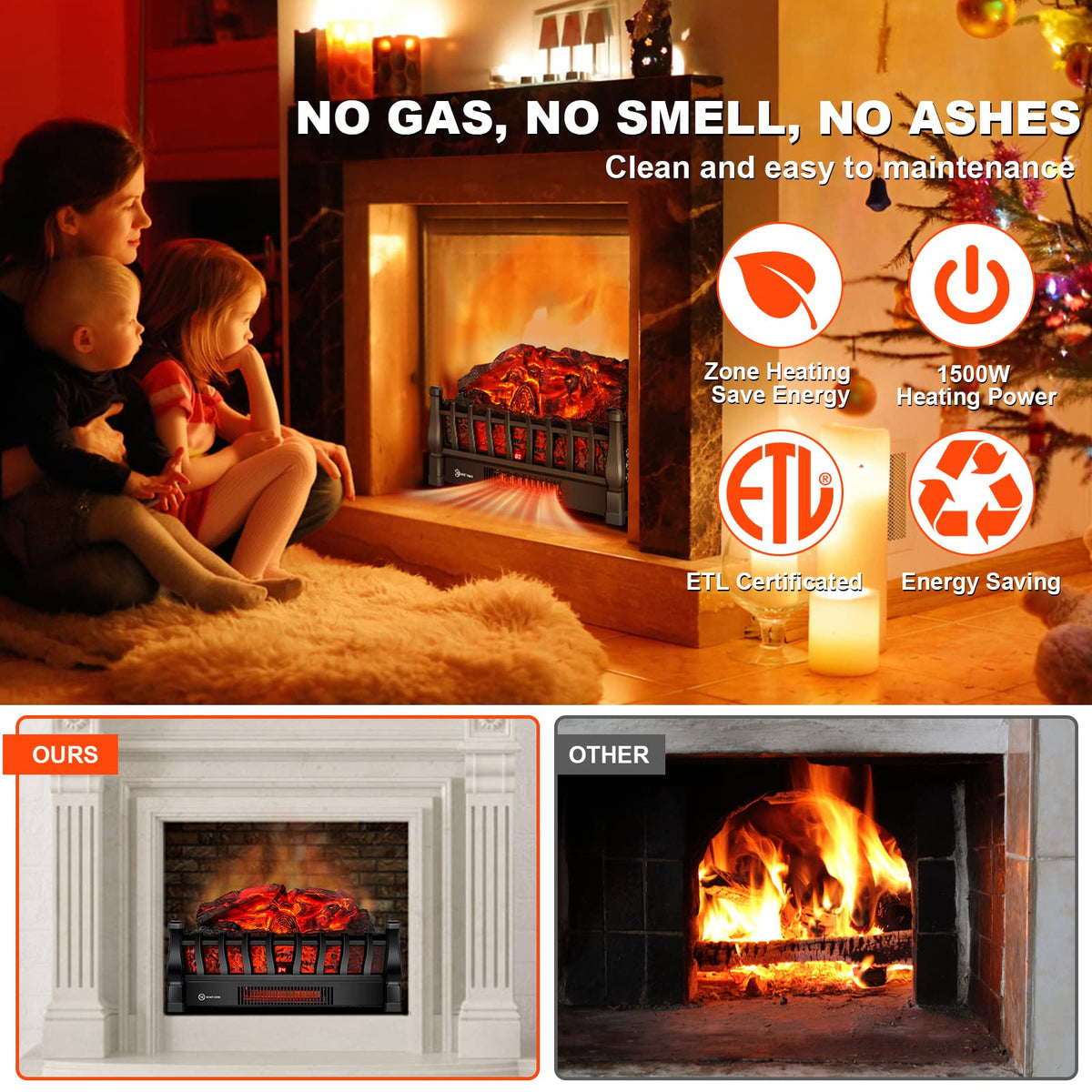 Electric Fireplace Logs Inserts Heater with Remote Control for Home Decor