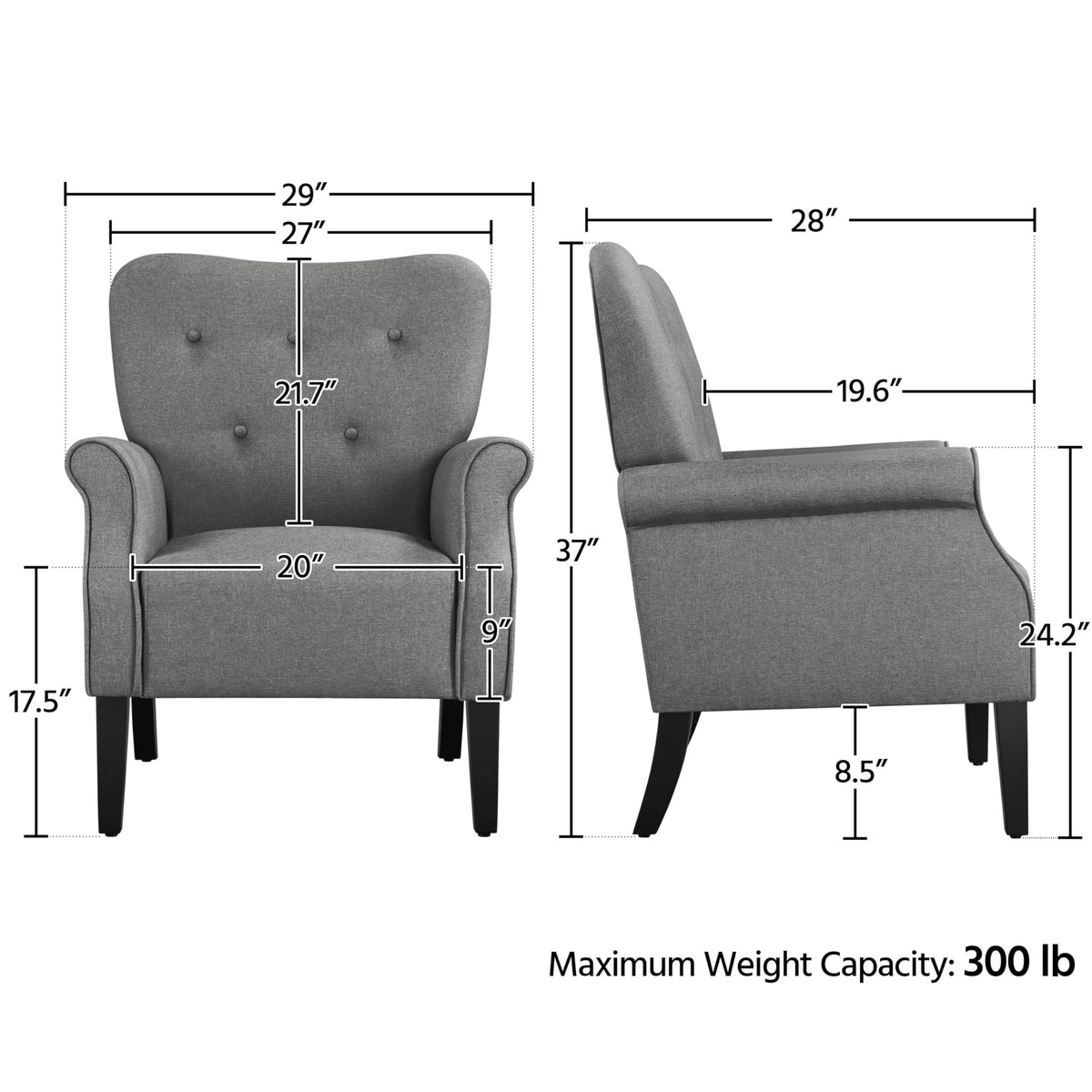 Yaheetech High Back Accent Chair Set of 2 with Rolled Arms, Dark Gray