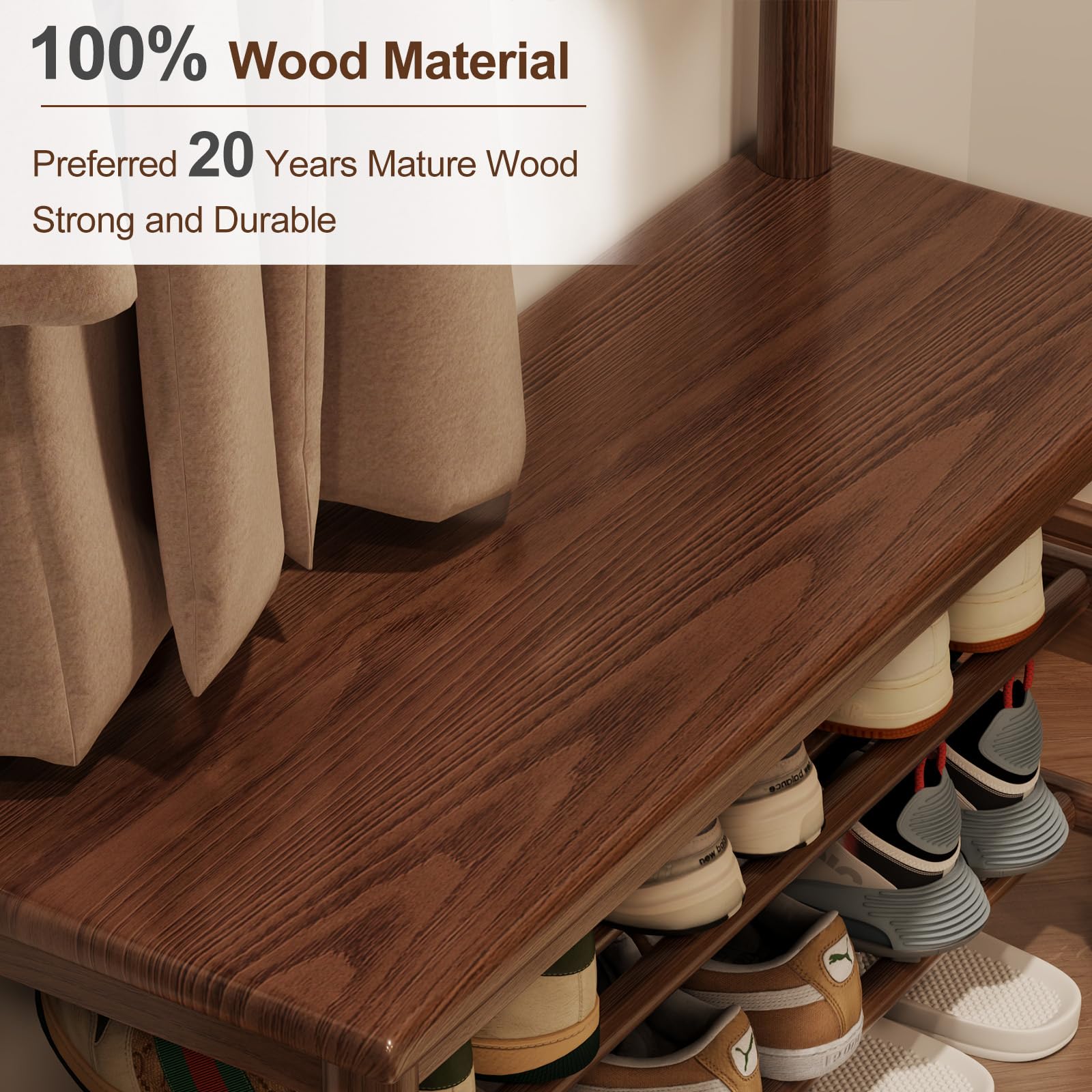 Solid Wood Hall Tree with Bench, 11 Hooks & 2-Tier Shoe Storage