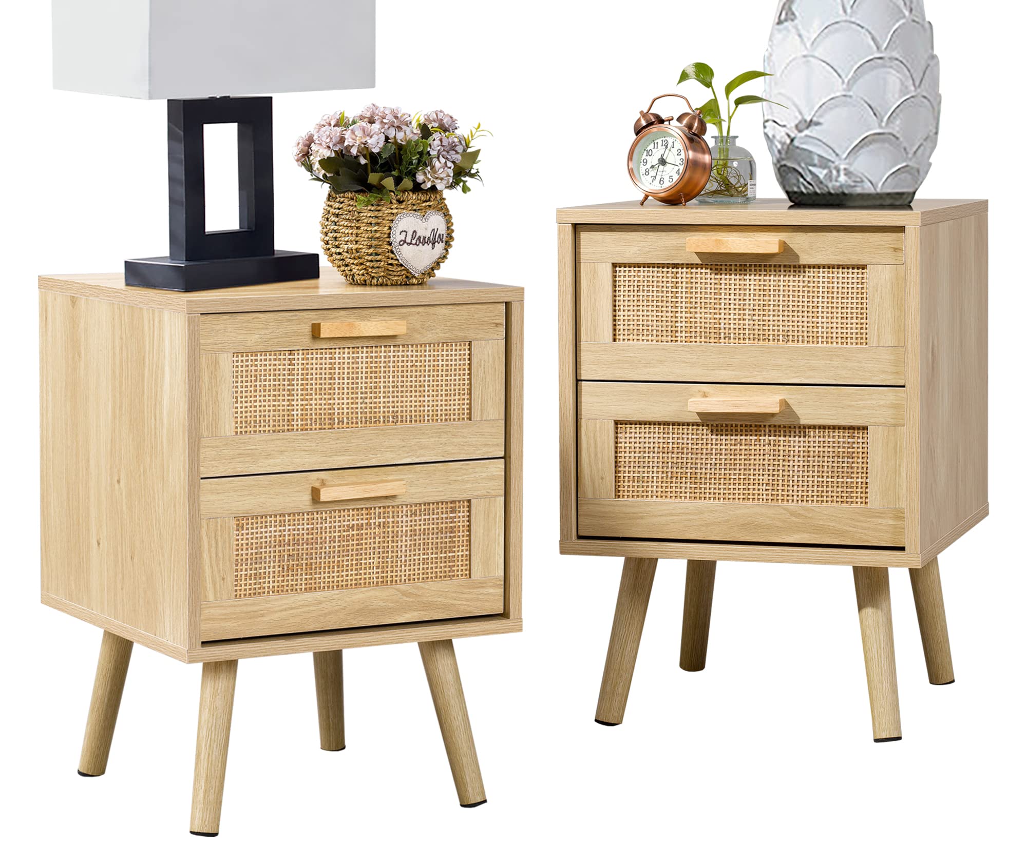 Finnhomy Nightstands Set of 2, Night Stands Set 2 with Hand Made Rattan Decorated Drawers, Nightstand, End Table, Bedside Tables Set of 2 for Bedroom, Natural, 2 Pack