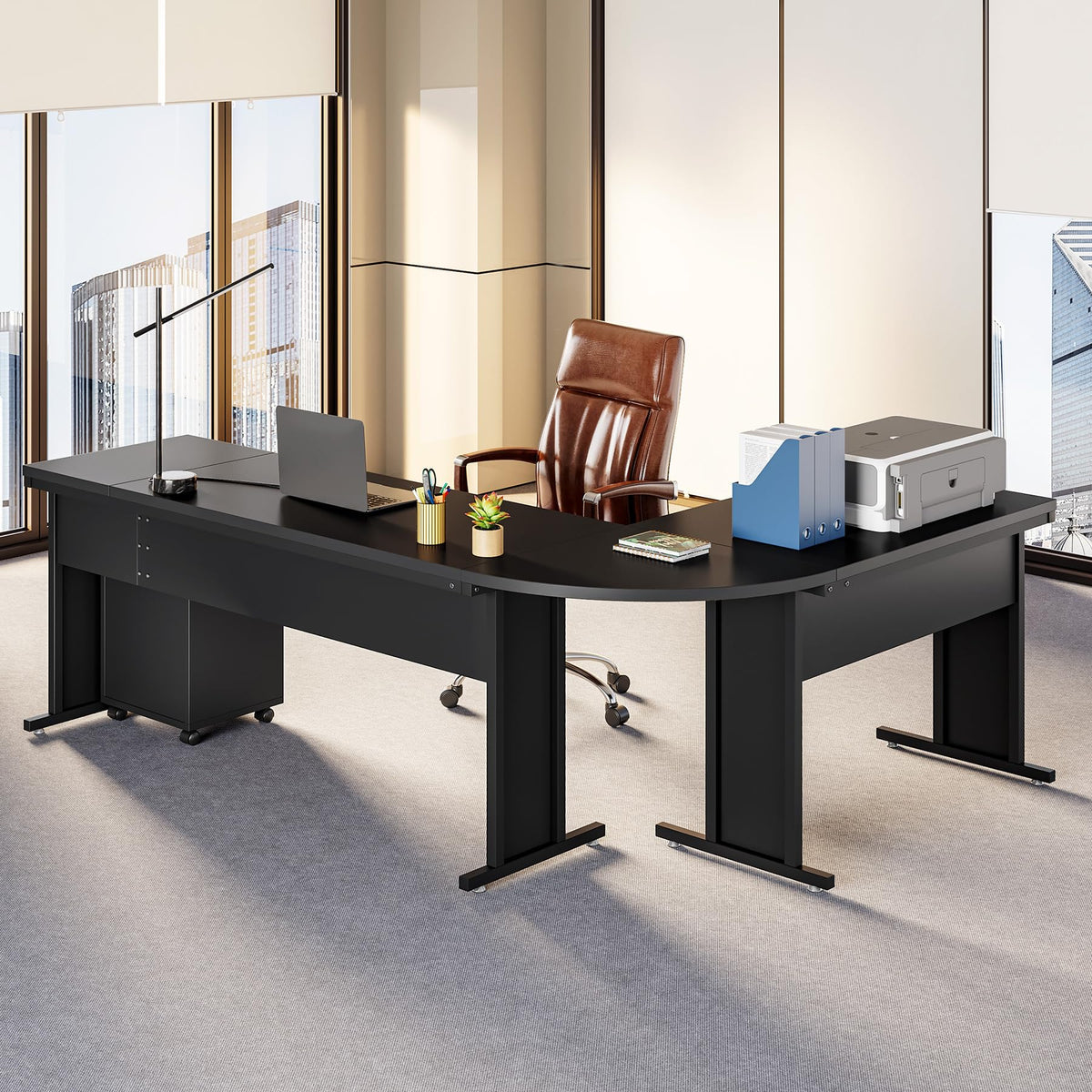 LITTLE TREE 82.67" Long Executive Desk Large L-Shaped Computer Office Desk with 3-Drawer Mobile File Cabinet, Industrial Business Furniture Desk Workstation for Home Office, Black