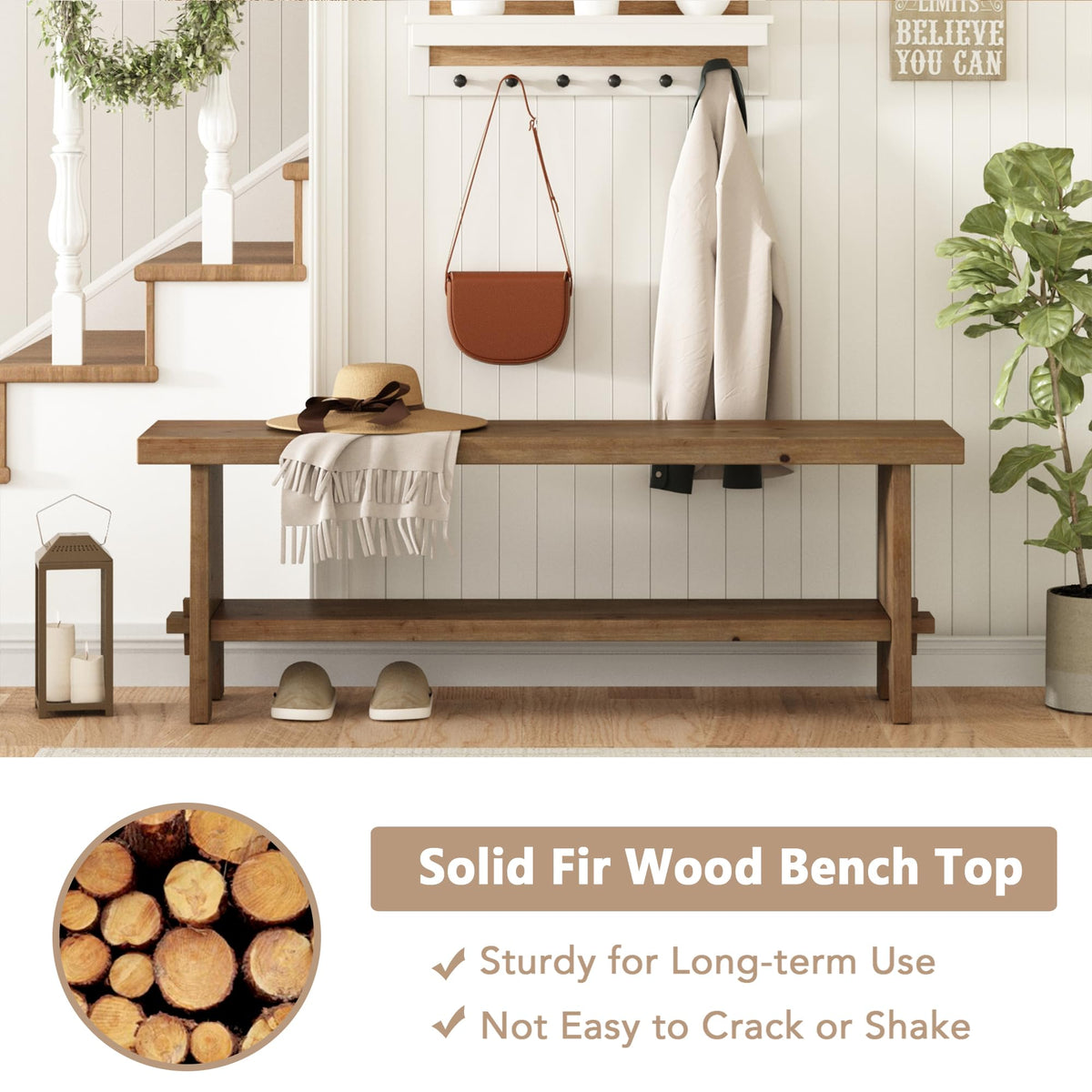 HOKYHOKY Wood Entryway Bench - 51.2" Farmhouse Long Storage Bench, Indoor