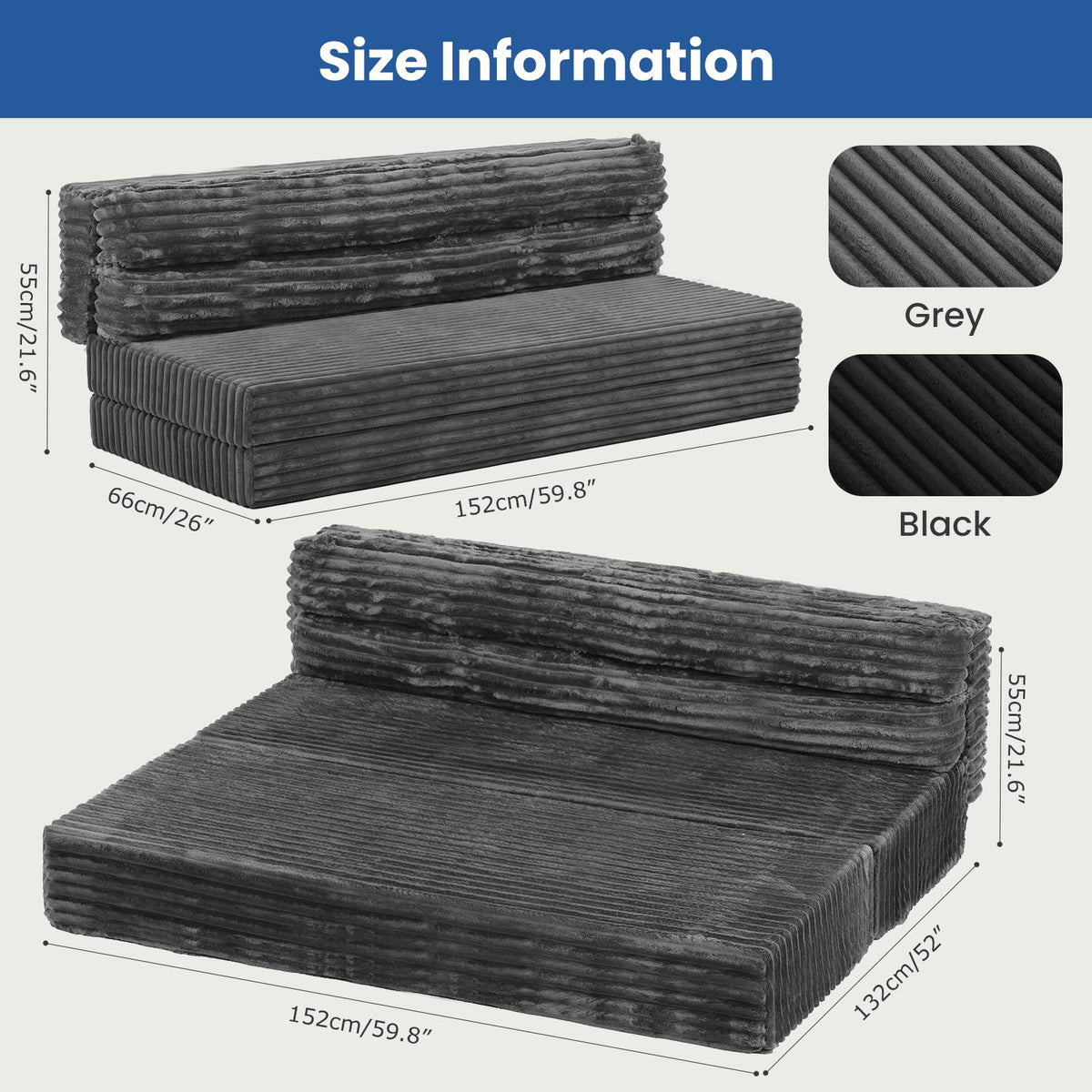 Erament Tri-Fold Futon Sofa Bed, 6 Inch Foldable Floor Couch, High-Density Foam Convertible Sleeper Sofa with Removable Washable Corduroy Cover, Portable Floor Mattress for Living Room