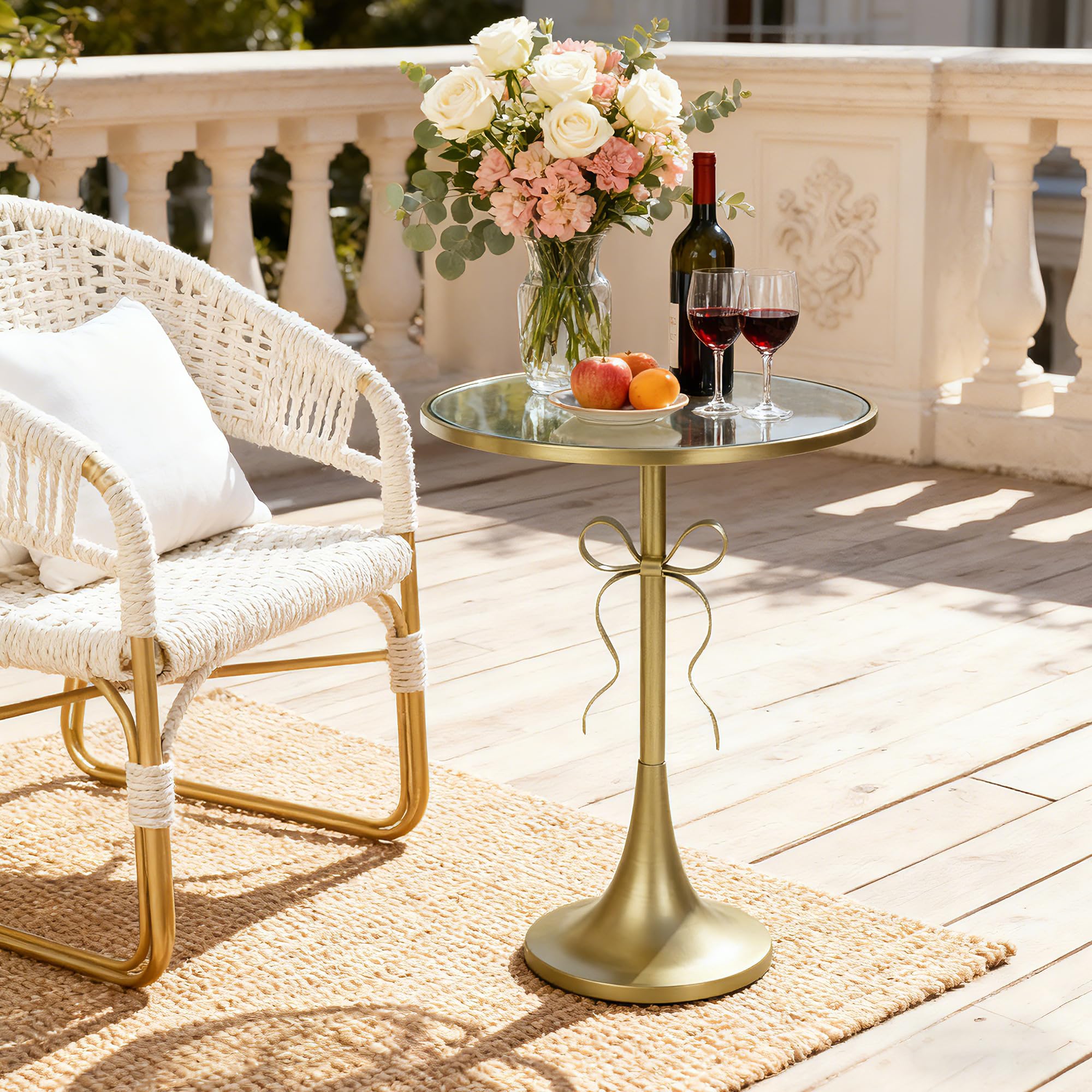 Aoligrace Gold Metal Side Table, Retro Bow Pedestal End Table with Mirror Tabletop, Decorative Martini Drink Table for Small Space, Living Room, Couch, Patio