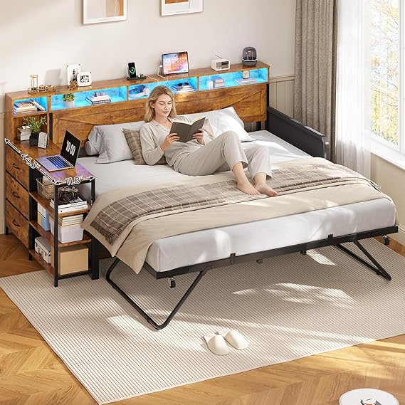 Twin Daybed with Trundle, Storage Drawers & LED Lights