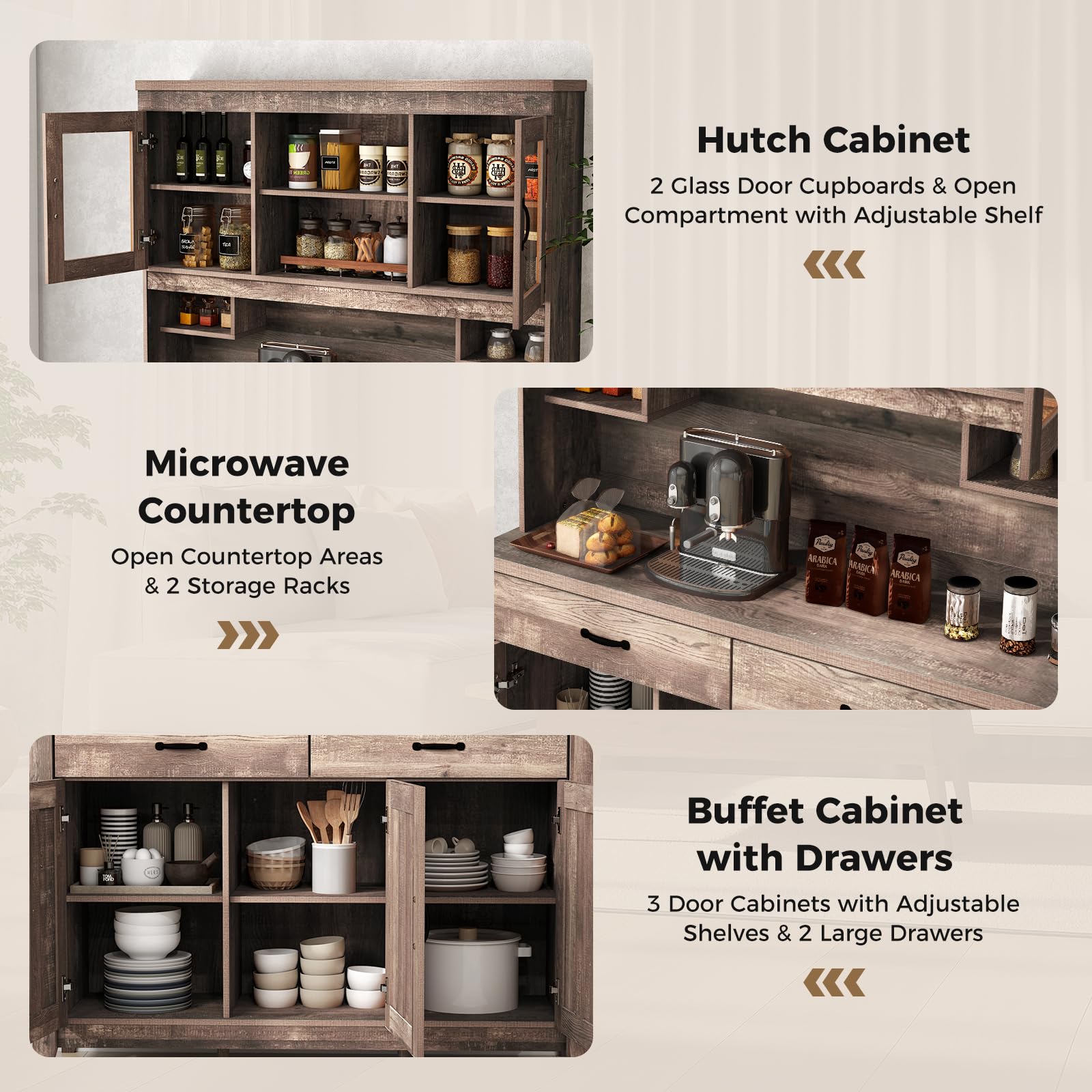 Tall Kitchen Hutch Storage Cabinet with Glass Doors & Microwave Shelf