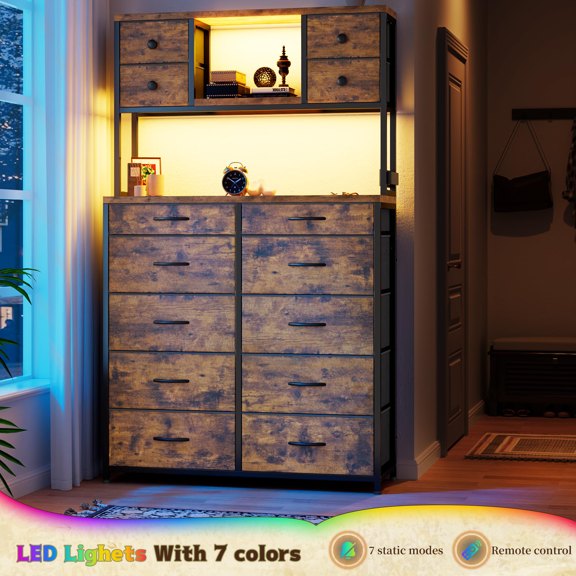 62“H Dresser for Bedroom with Large Drawers,Dressers & Chests of Drawers Featuring LED Light and Charging Ports,Sturdy Fabric Drawers with Open Storage Shelves, Wood Top,Steel Frame(Rustic Brown)