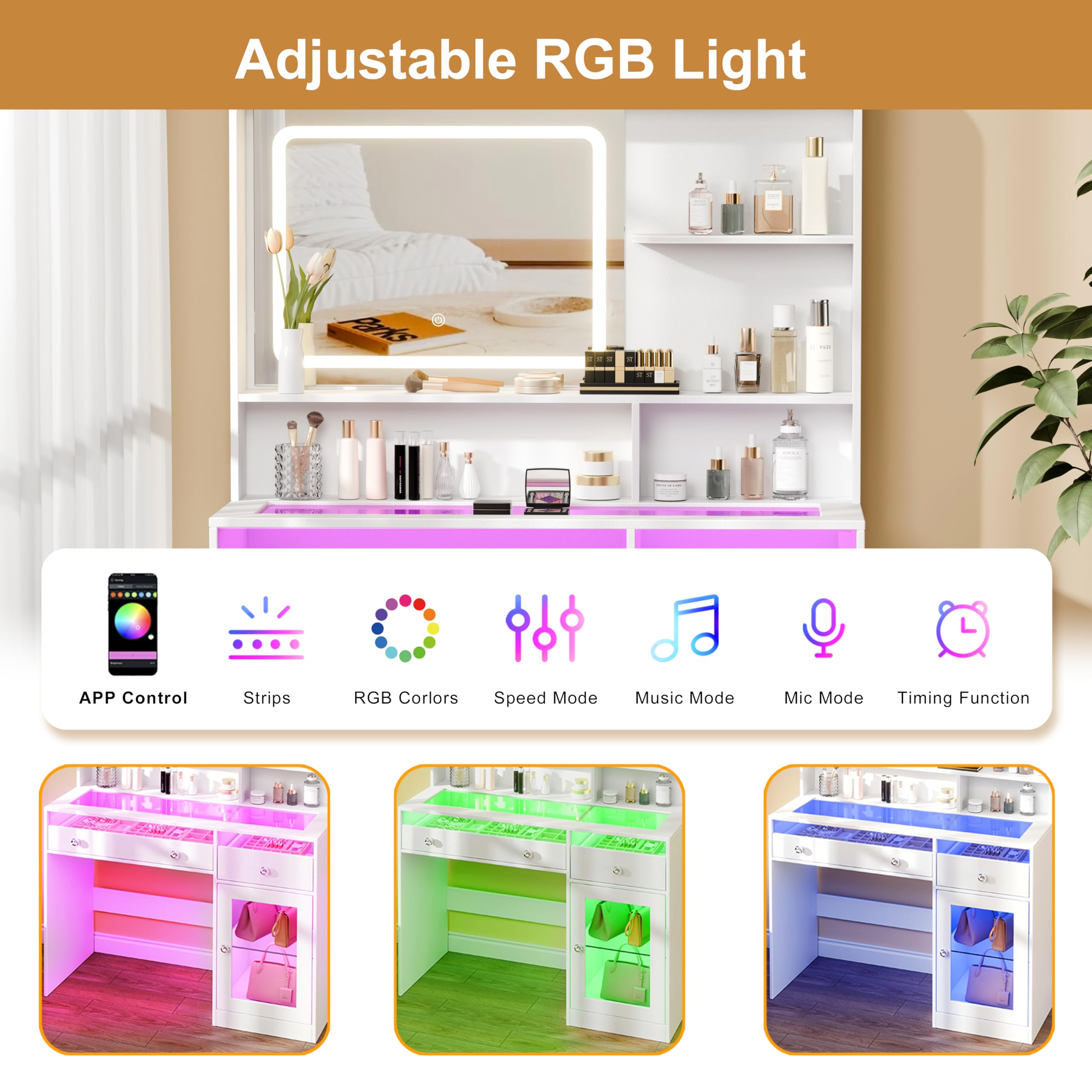 Korfile Vanity Desk, Makeup Vanity Desk with Mirror and Lights 3 Colors, Transparent Top with 2 RGB Drawers, 3 Shelves, 1 Large Tempered Cabinets, Power Outlet for Bedroom, White