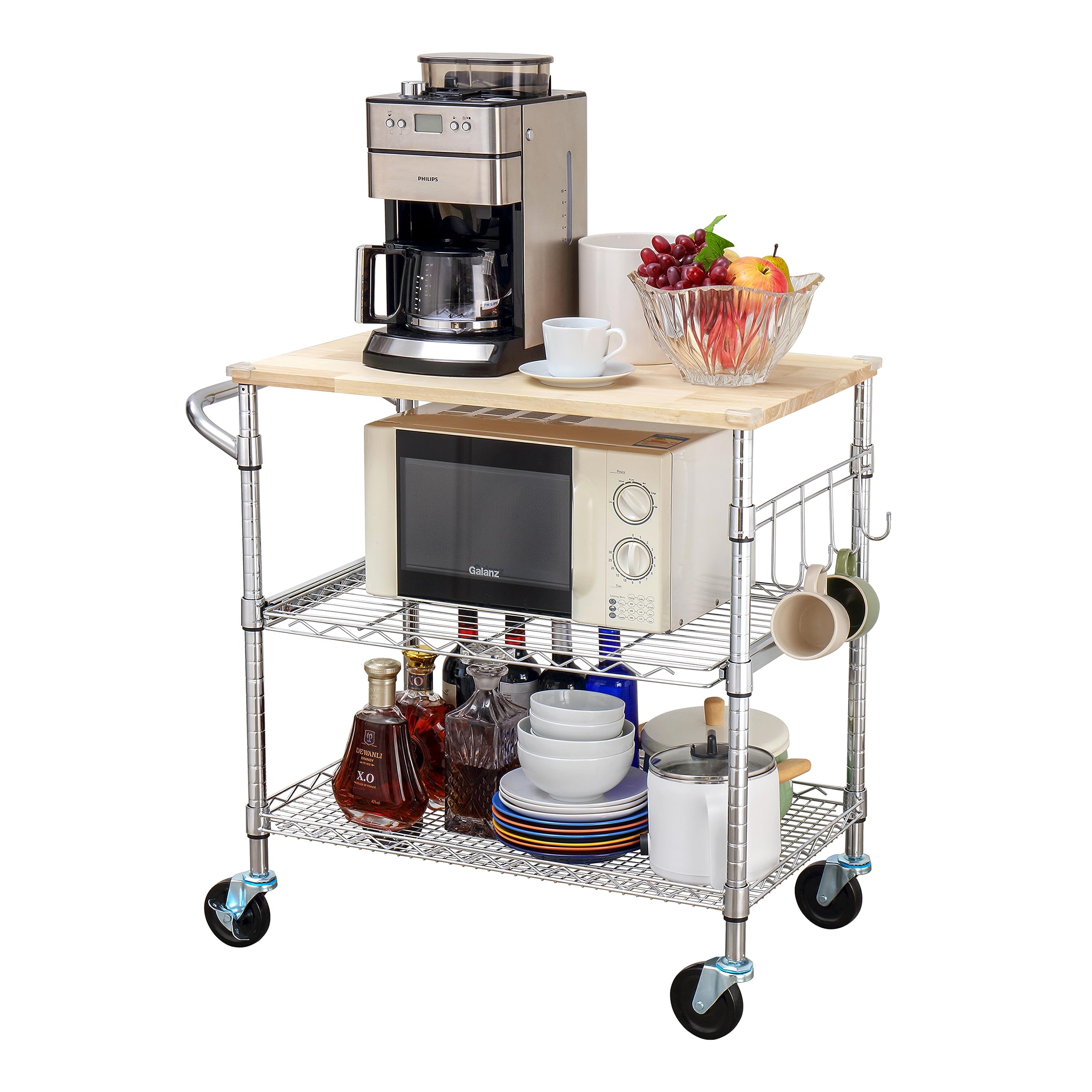 Finnhomy 3-Tier Rolling Kitchen Cart With 18" D x 30" W Oak Wood Tabletop, Kitchen Island With 4" Wheels and Slider Shelf, Microwave & Coffee Cart With Hooks for Dining Room, Chrome