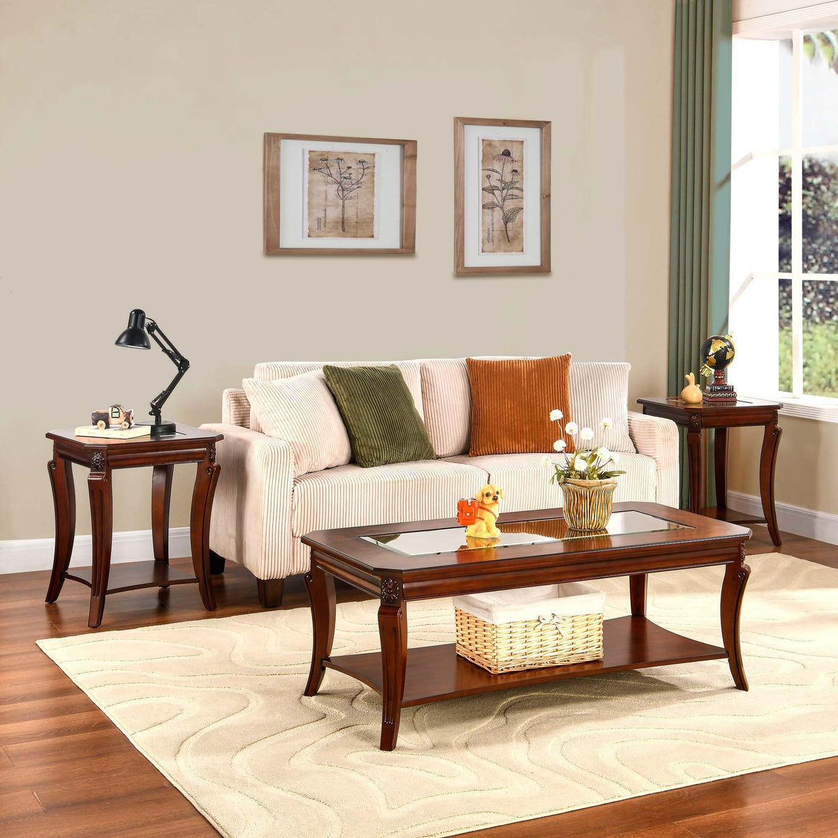 Living Room Tables Set of 3- One Coffee Table and Two End Table with Tempered Glass Top, Mid-century Sofa Beside Table and Center Table with Carved Legs, Easy Assembly Cherry Brown KFZ-CJZ-A1168-GT