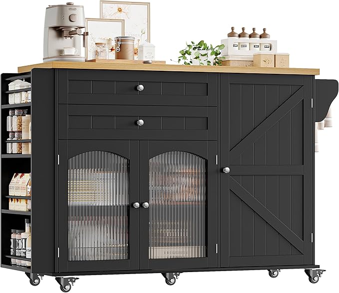 Rolling Kitchen Island with Drop Leaf Countertop & Storage