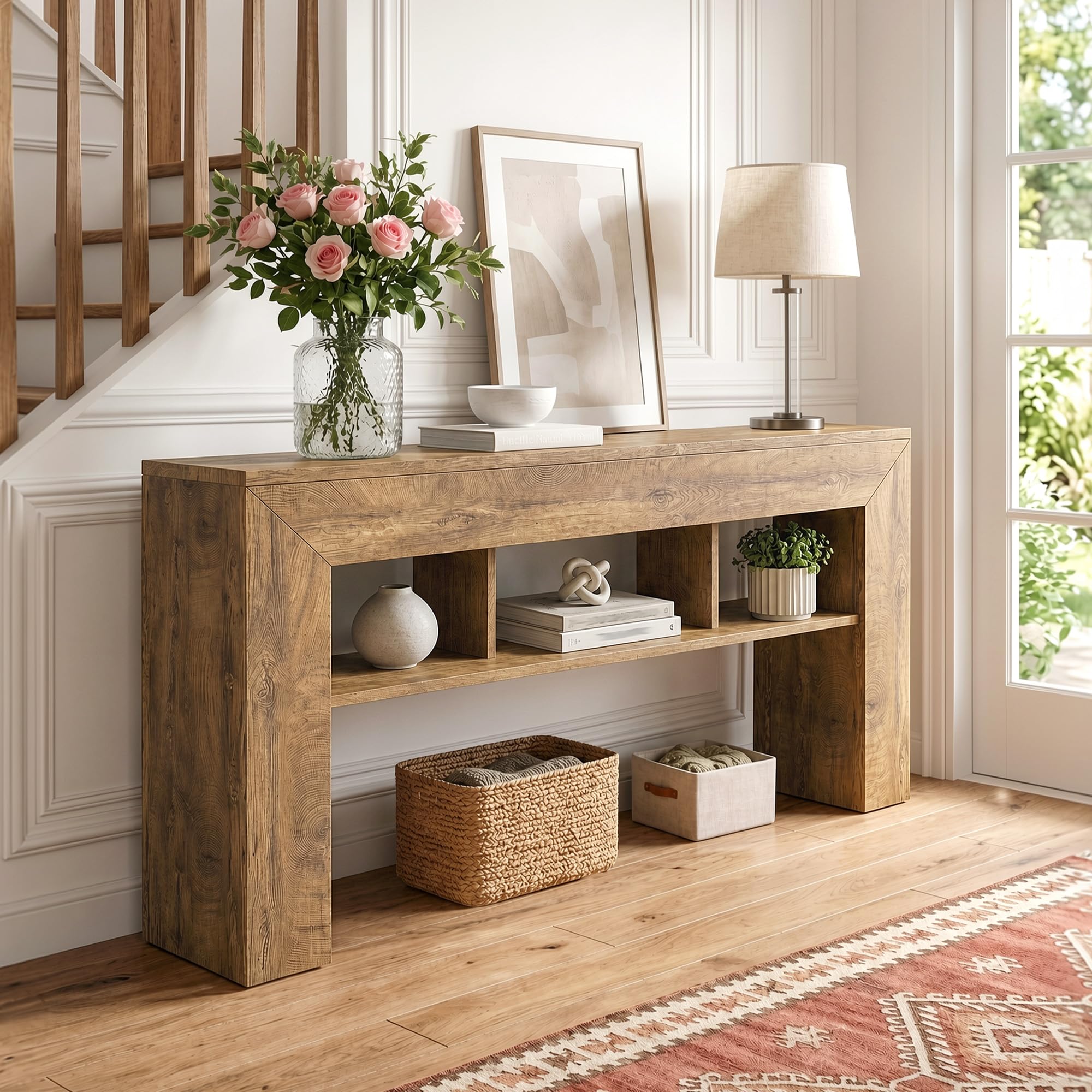 EnHomee 63 Inch Long Console Table for Entryway Sofa Table with Extra Storage Shelves Farmhouse Wood Behind Couch for Hallway, Entrance, Living Room, Foyer, Light Brown