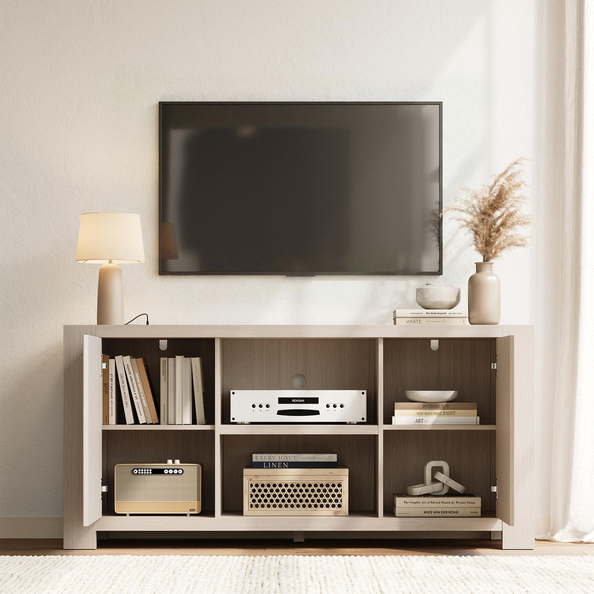 ModernMate 58'' TV Stand for TVs Up to 65'', Entertainment Center with Outlet, 2 Storage Cabinet, Wood Television Media Console Cabinet with Adjustable Shelf for Living Room, Bedroom, White Oak Gray