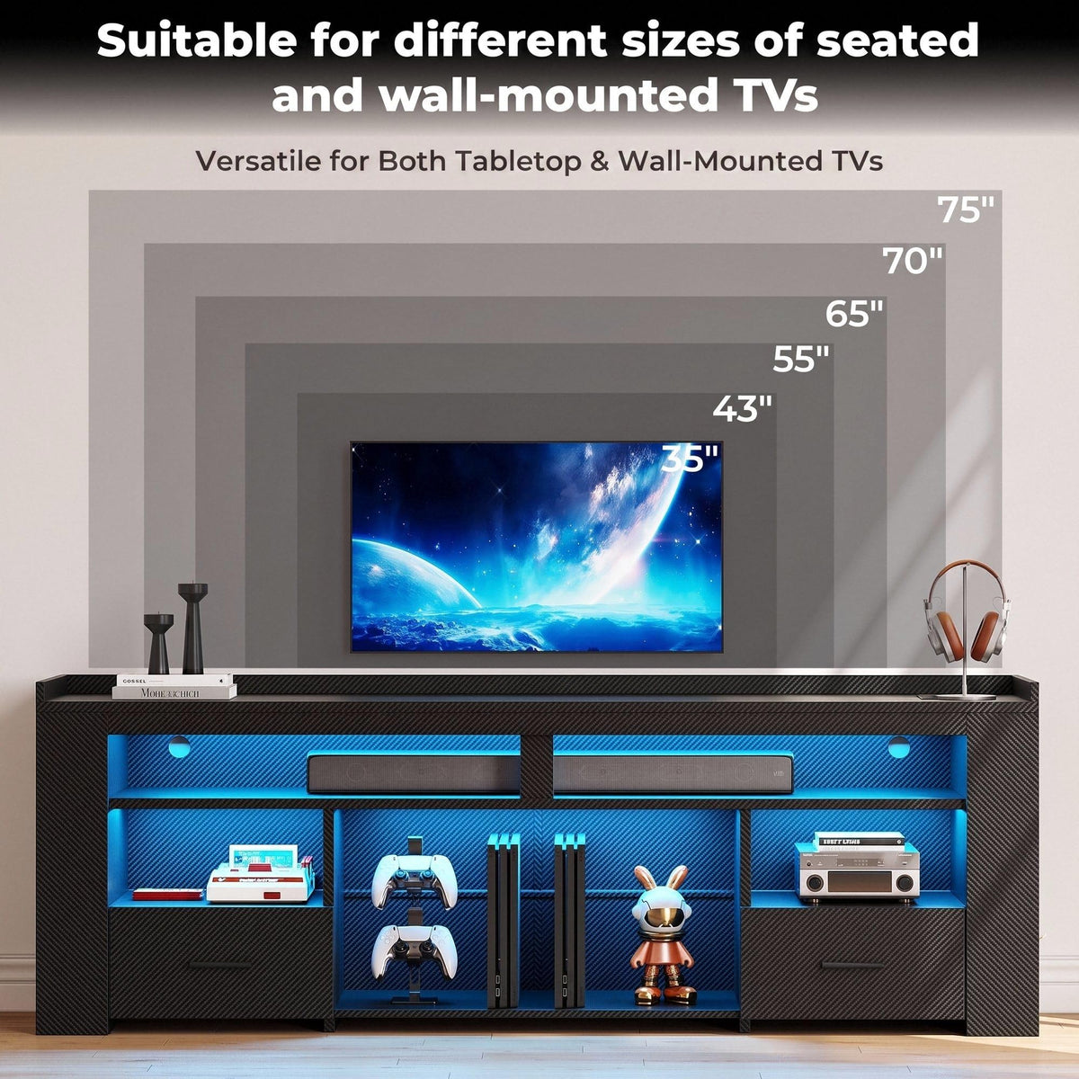 IRONCK 71" TV Stand for 75 Inch TV, Carbon Fiber Entertainment Center