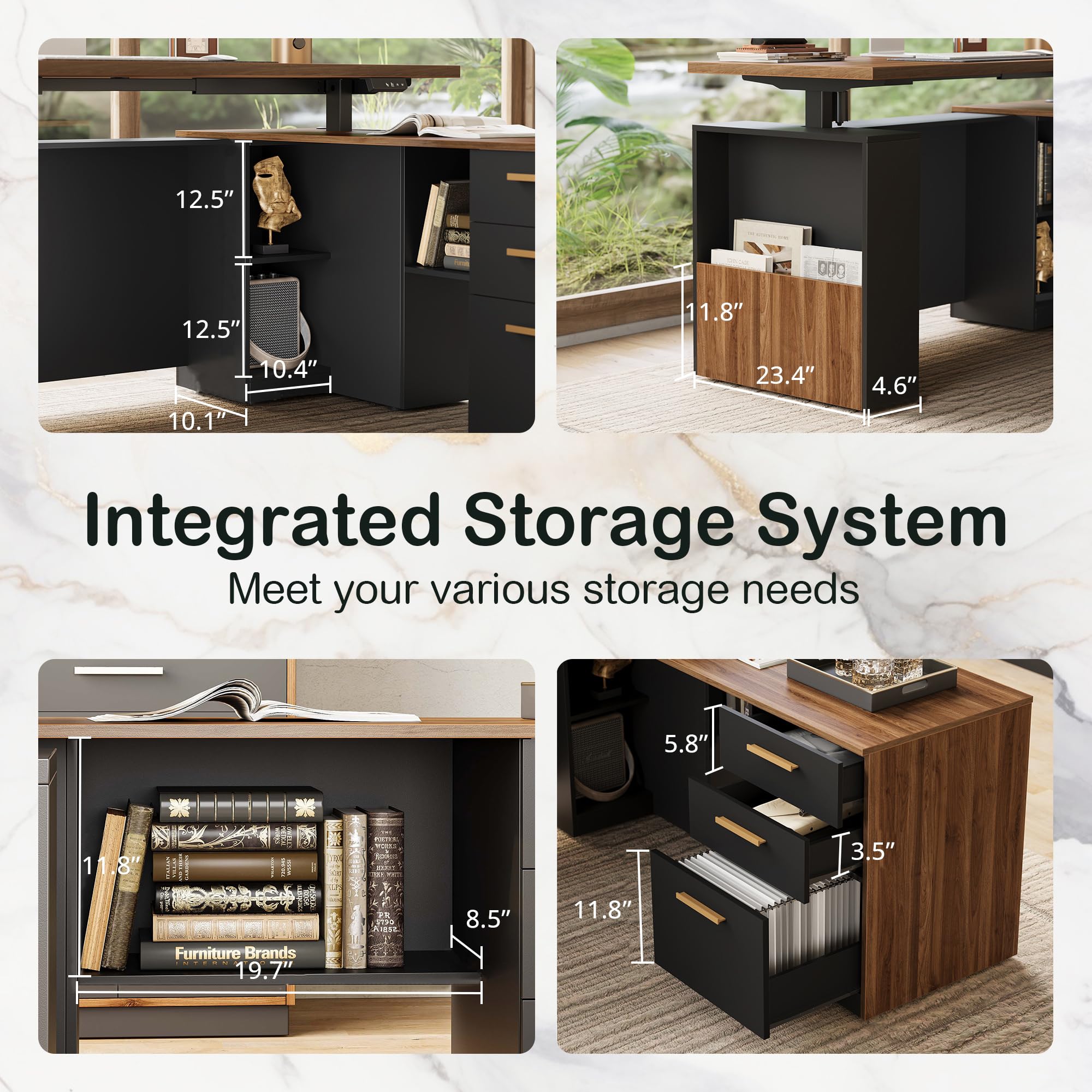 L-Shaped Electric Standing Desk with File Cabinet
