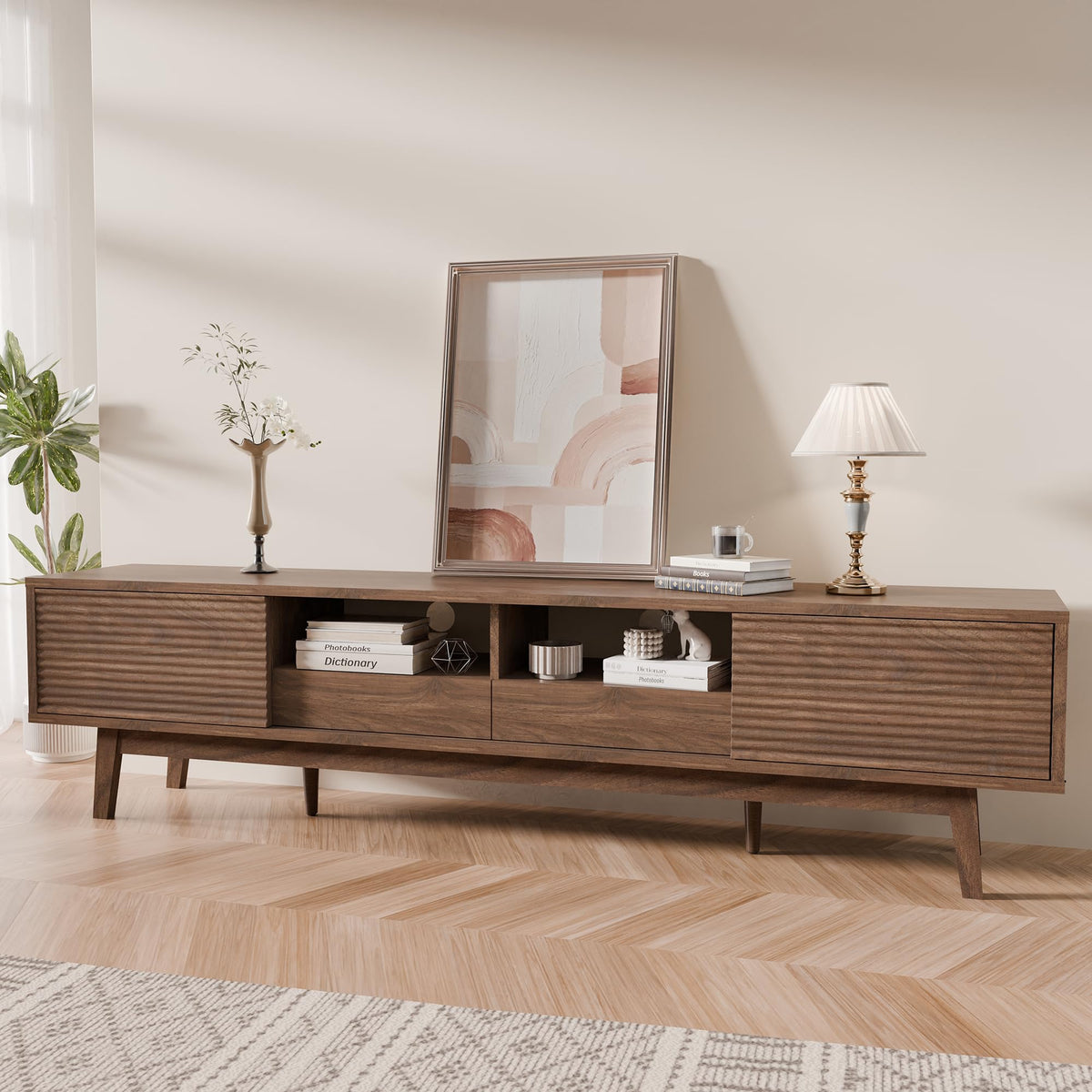 TOLEAD 70" Mid Century Modern TV Stand for TVs up to 75 Inch, Low Profile TV Console with Fluted Sliding Doors & Storage Drawers, Entertainment Center for Living Room, Walnut