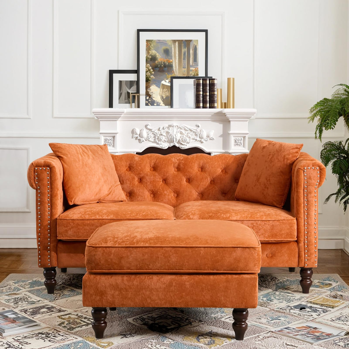 Chesterfield Velvet Loveseat with Ottoman