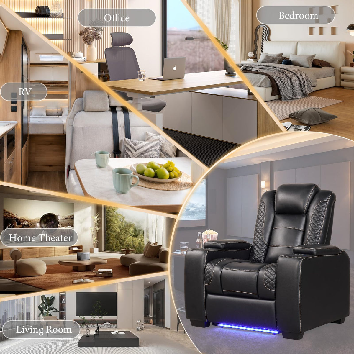 EBELLO Power Home Theater Seating, Electric Gaming Recliner Chair with Adjustable Headrest, Faux Leather Movie Reclining Chairs with Cup Holders LED Lights,USB Port,Hidden Arm Storage, Black