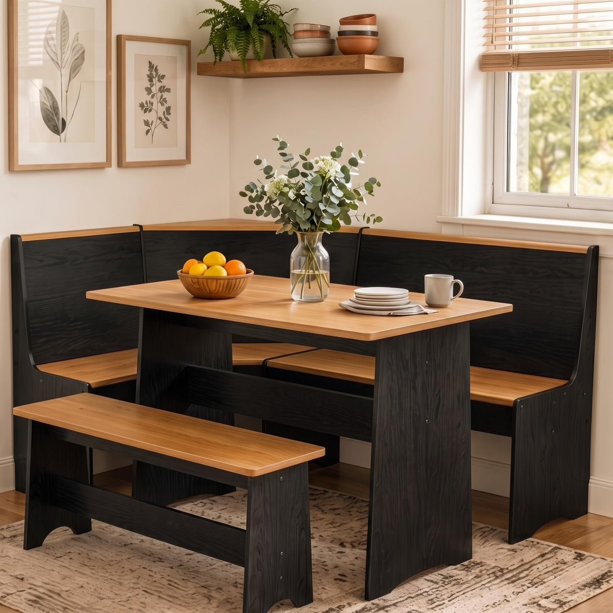 Dekoryn Corner Breakfast Nook Table Set, Black and Natural