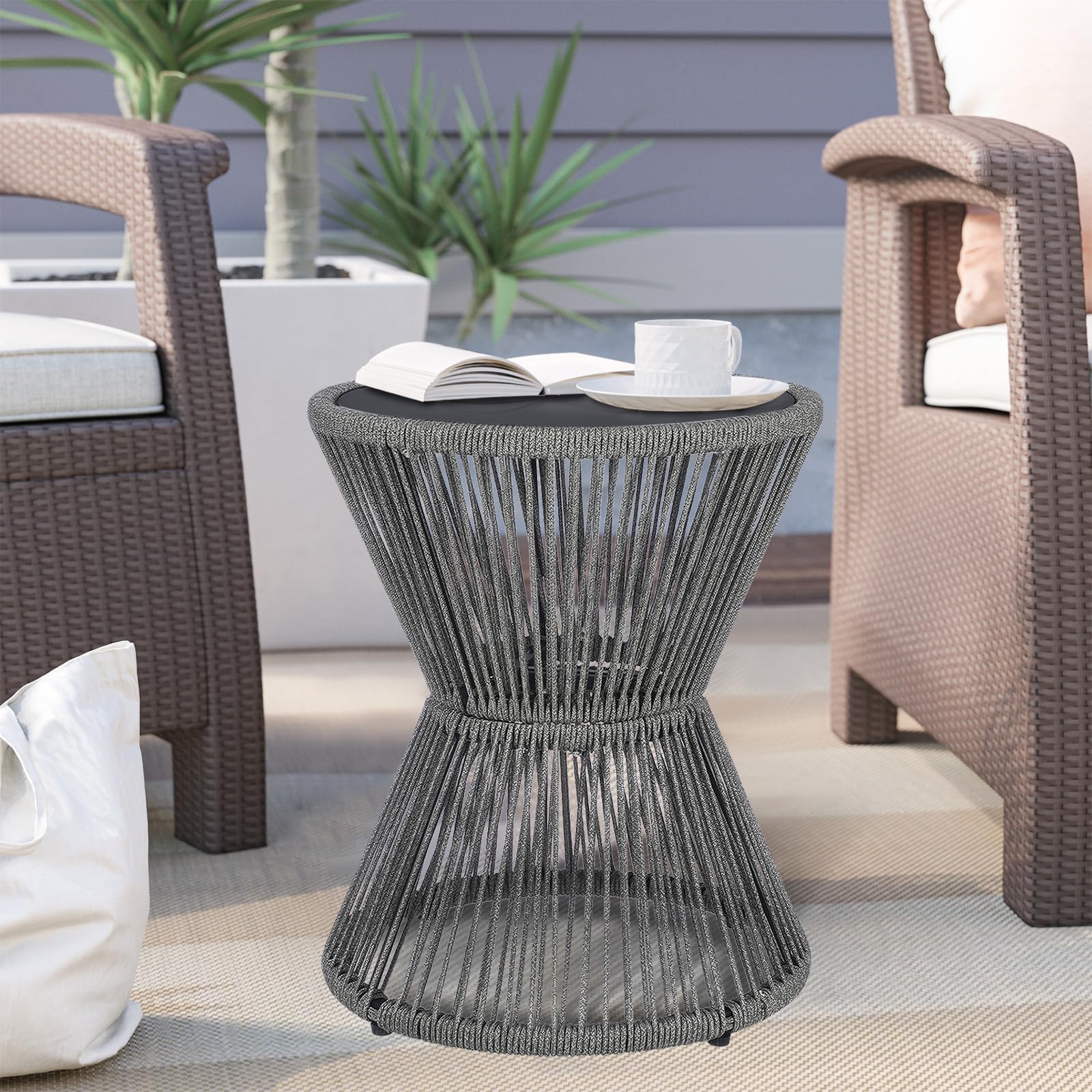 Woven Rope Outdoor Side Table with Glass Top