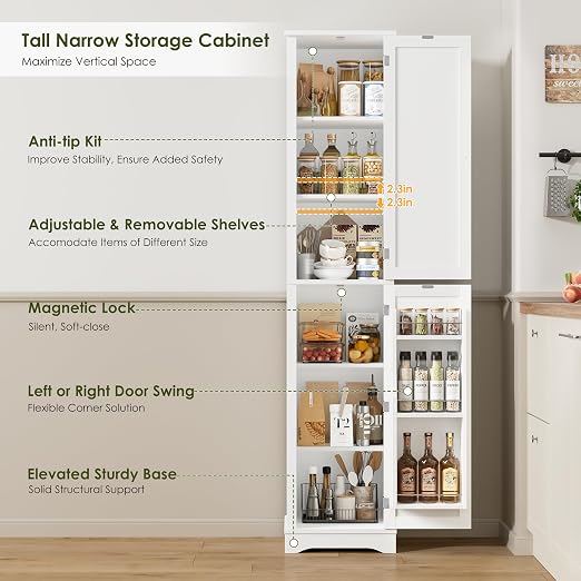 Tall Narrow Storage Cabinet with Reversible Doors